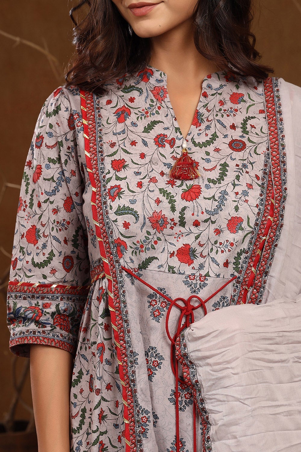Juniper Grey Floral Printed Pure Cotton Kurta Pants & Dupatta Set With Tassels & Lace