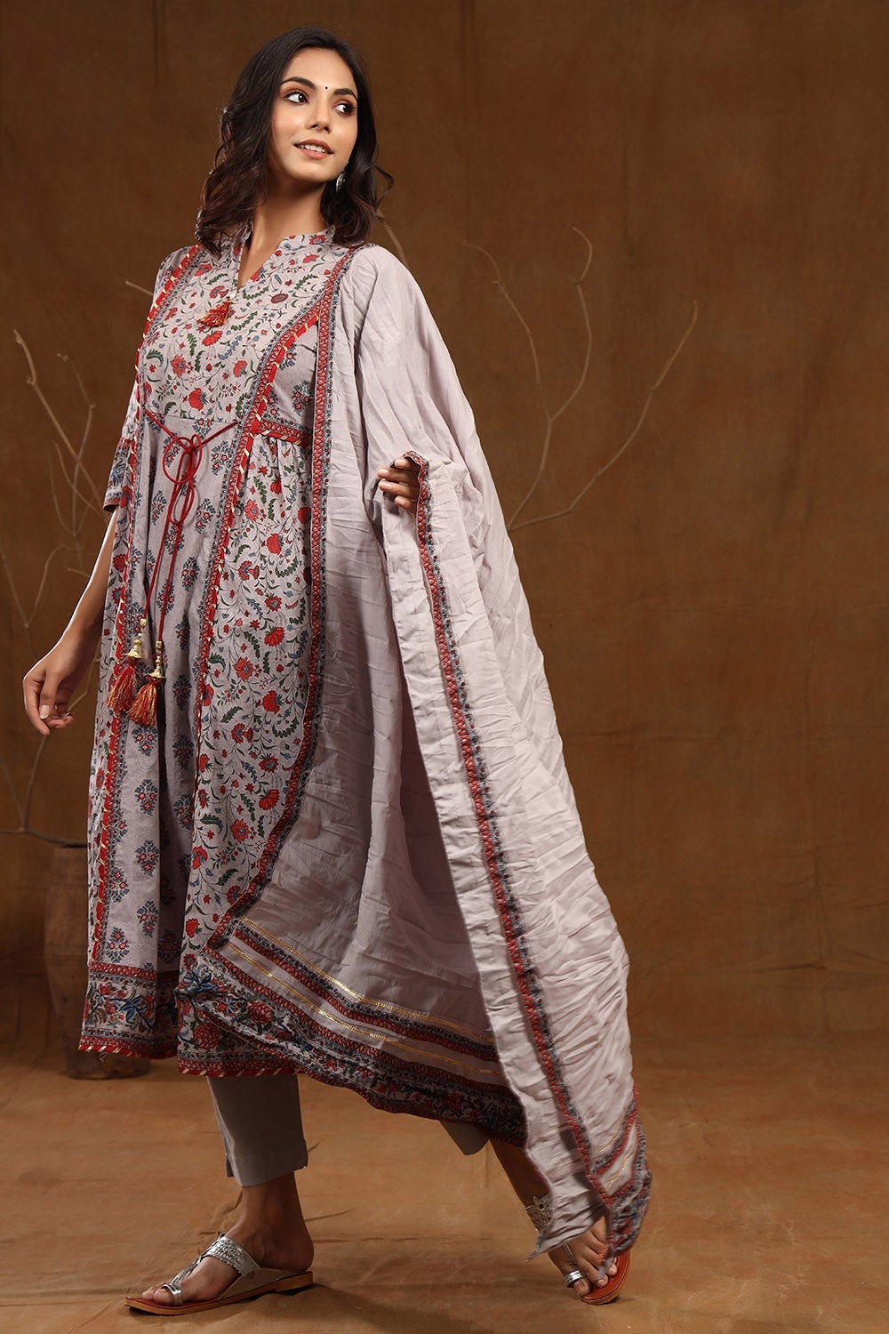 Juniper Grey Floral Printed Pure Cotton Kurta Pants & Dupatta Set With Tassels & Lace