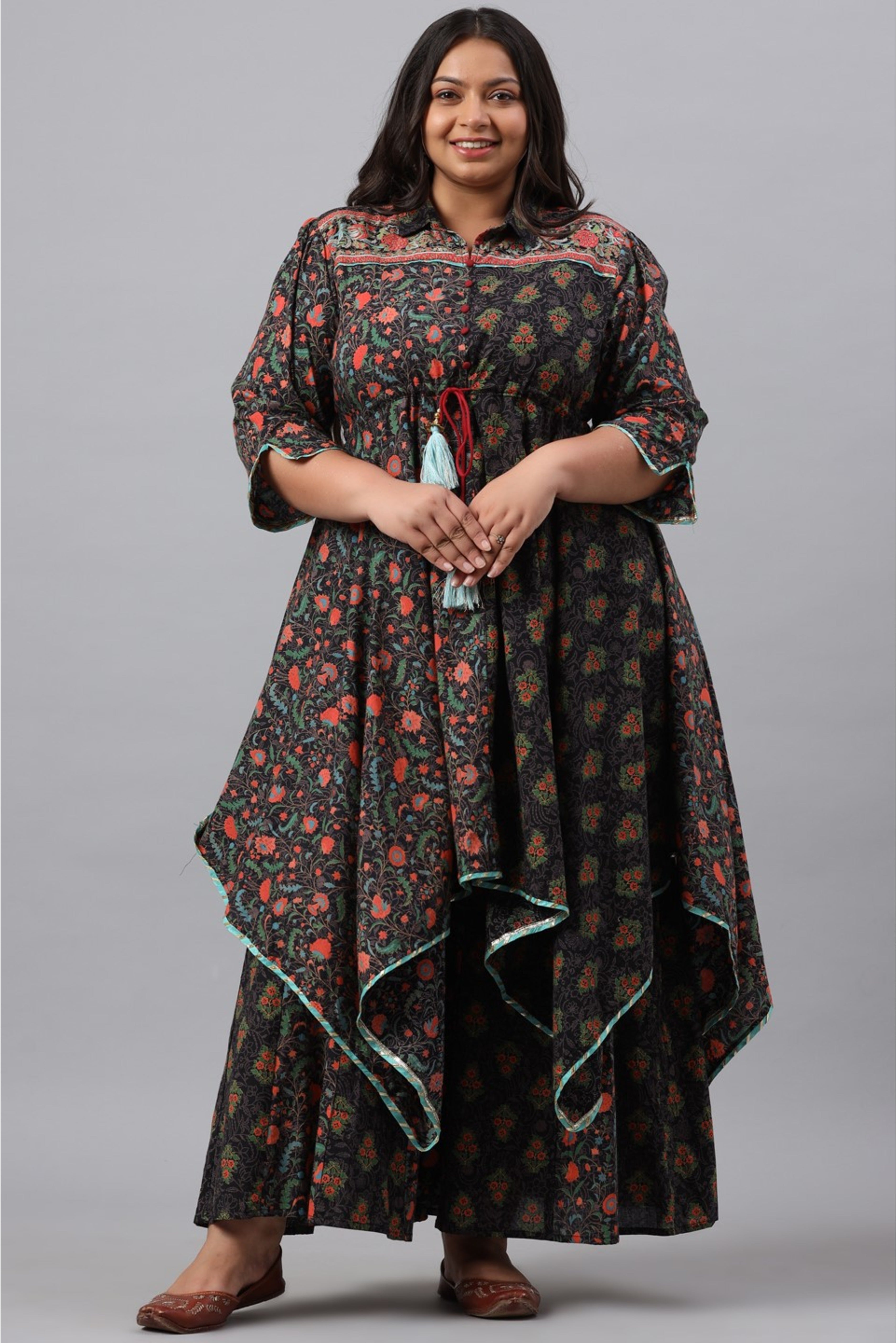 Juniper Women`s Black Cambric Festive Wear Printed Asymmetric Clothing Set