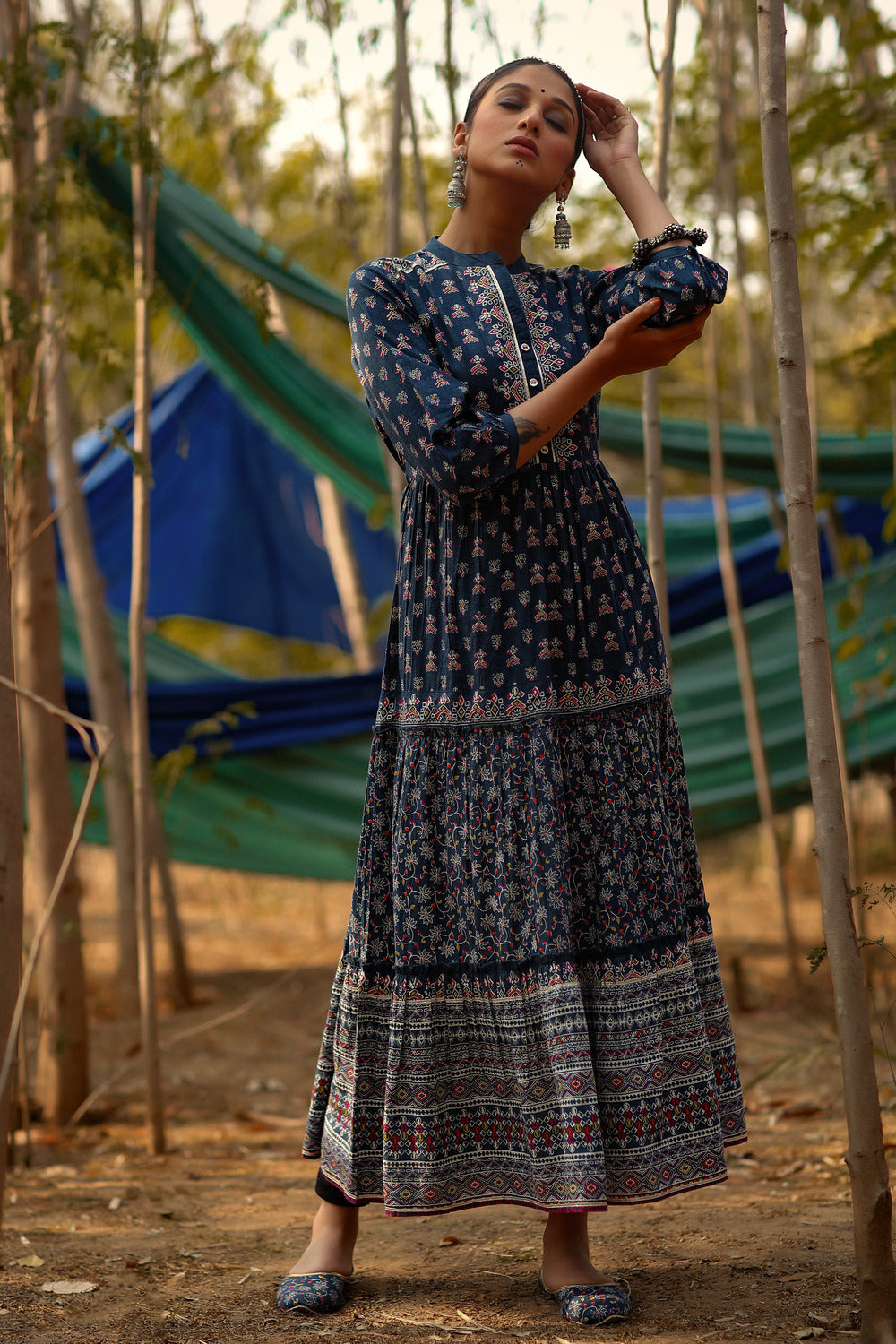Juniper Indigo Ethnic Motif Printed Pure Cotton Tiered Maxi Dress.