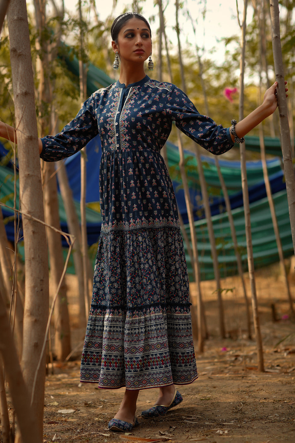 Juniper Women's Indigo Cotton Cambric Printed Tiered Maxi Dress