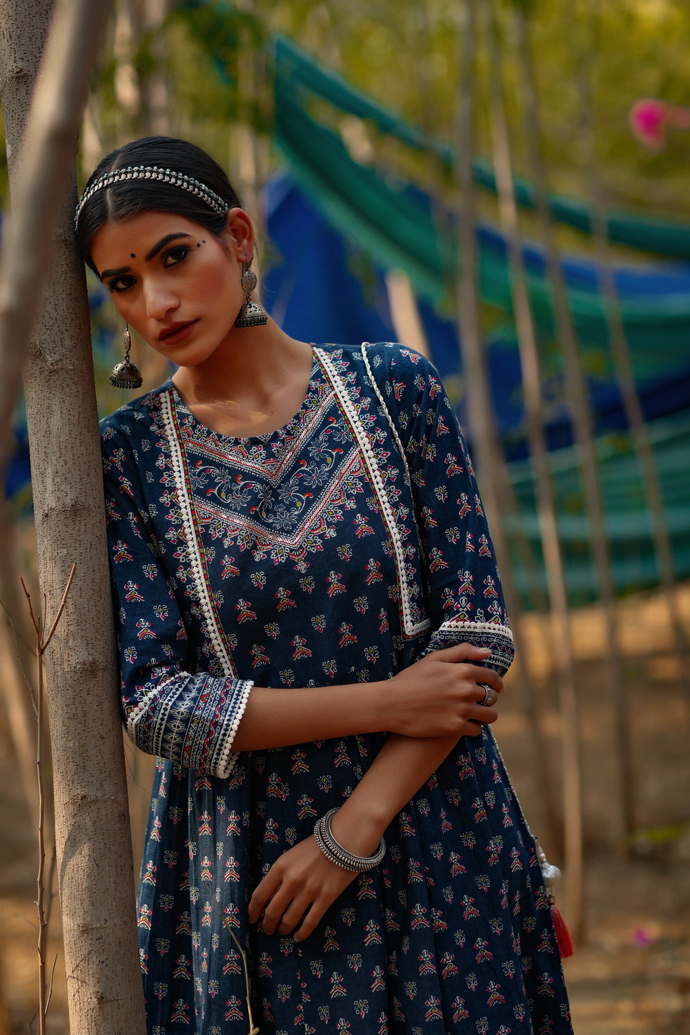Juniper Indigo Ethnic Motif Printed Pure Cotton Anarkali Dress.
