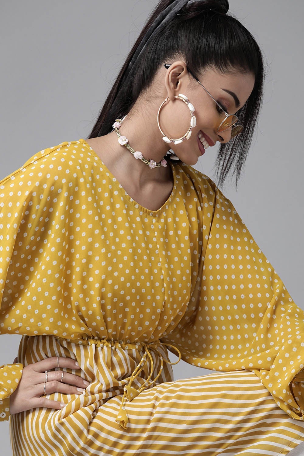 Juniper Mustard Stripes Printed Georgette High-Low Tunic & Inner With Drawstring At Waist