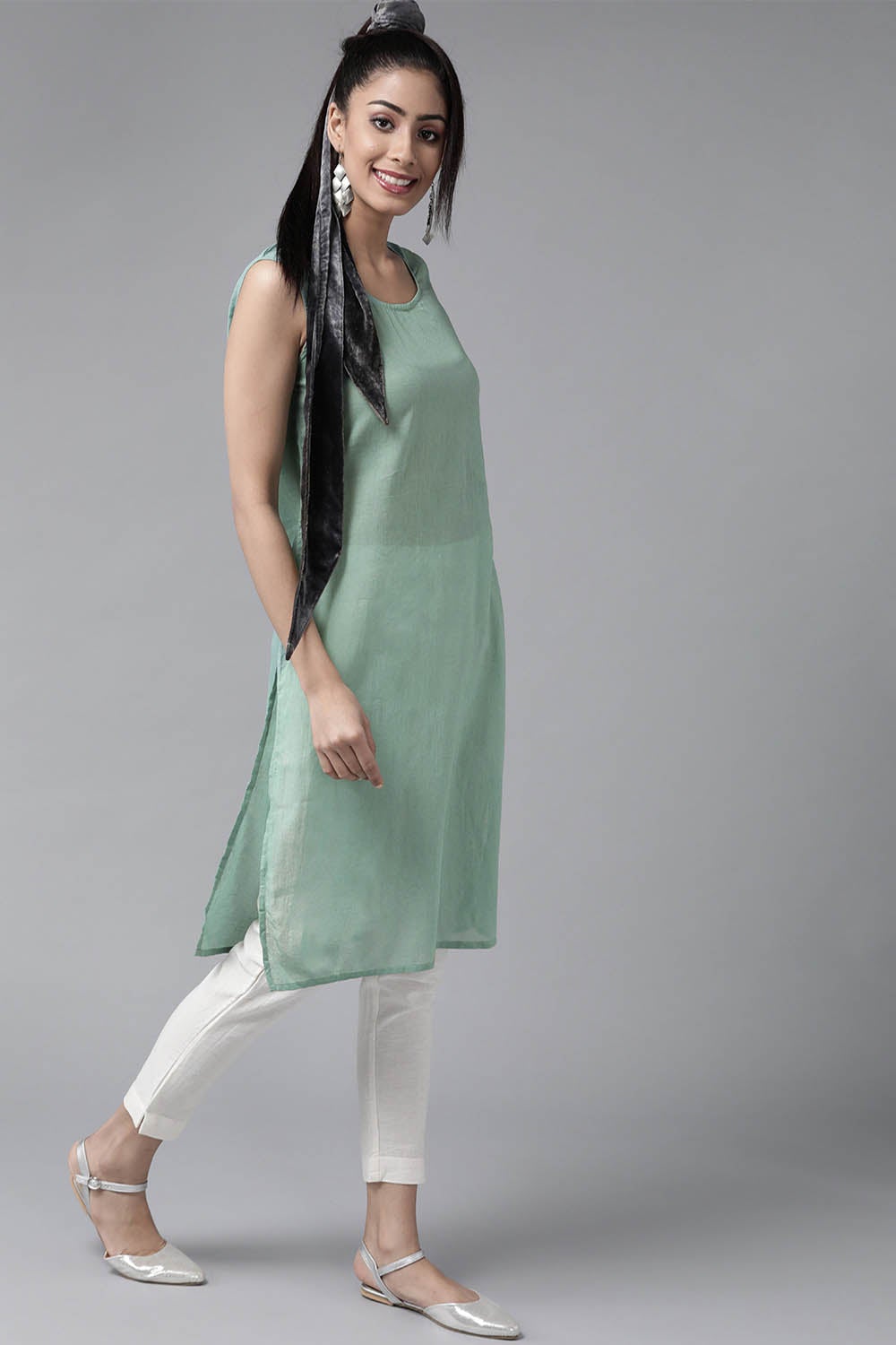 Juniper Sage Green Stripes Printed Georgette High-Low Tunic & Inner With Drawstring At Waist