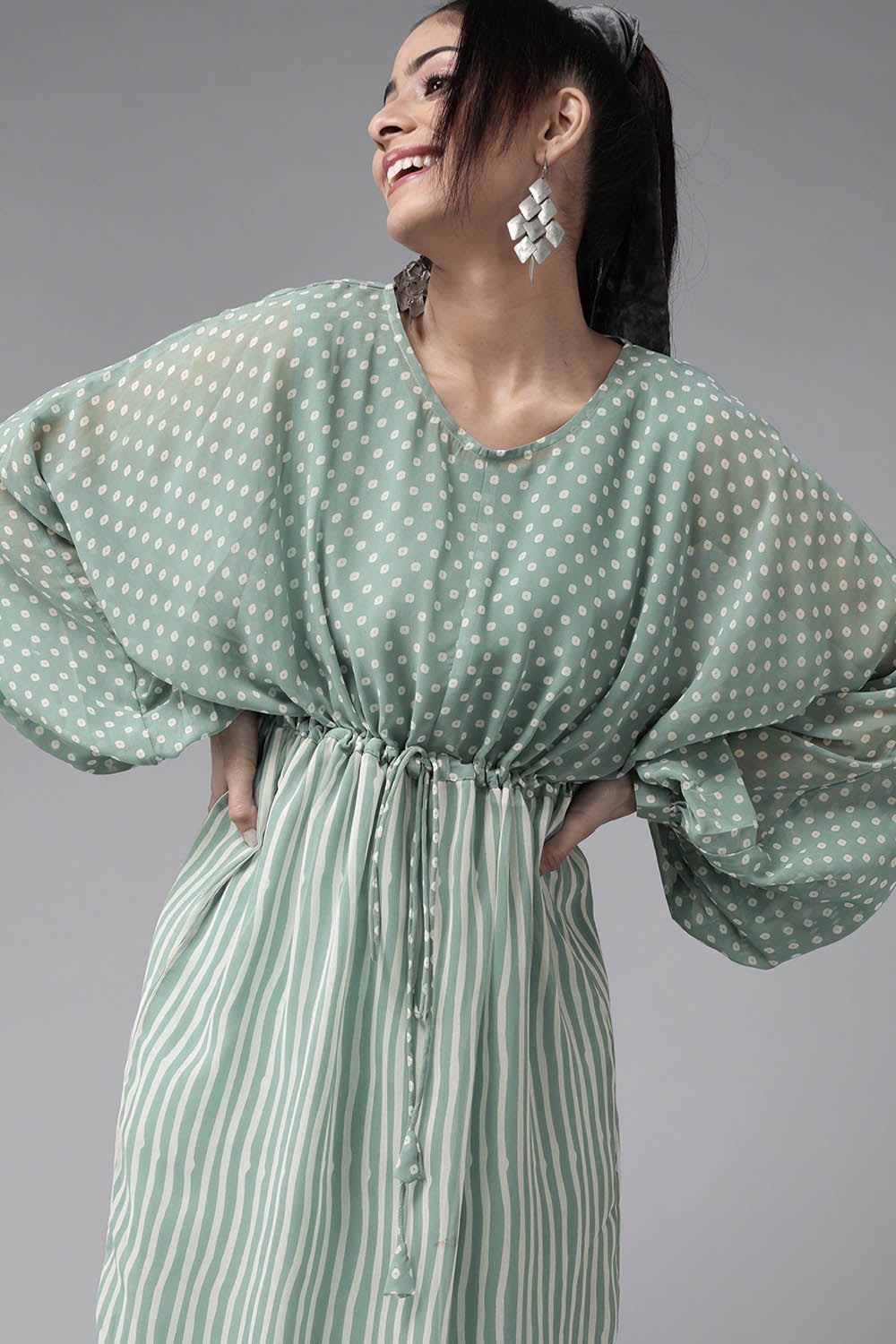 Juniper Sage Green Stripes Printed Georgette High-Low Tunic & Inner With Drawstring At Waist