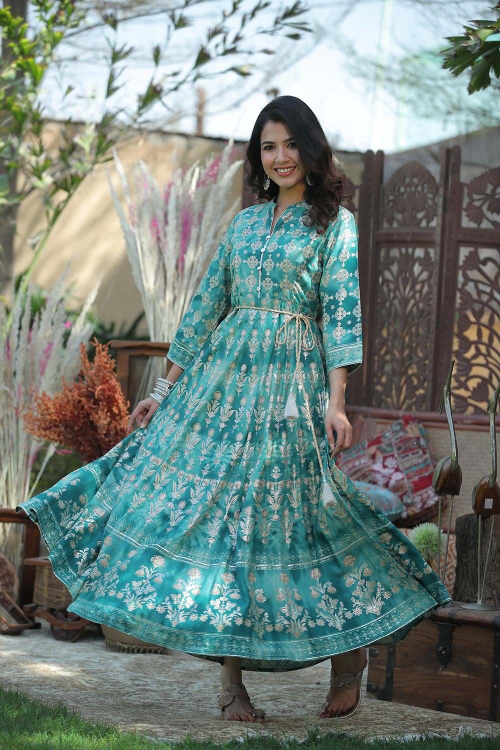 Juniper Teal LIVA Rayon Printed Flared Dress with Waist Tie-up