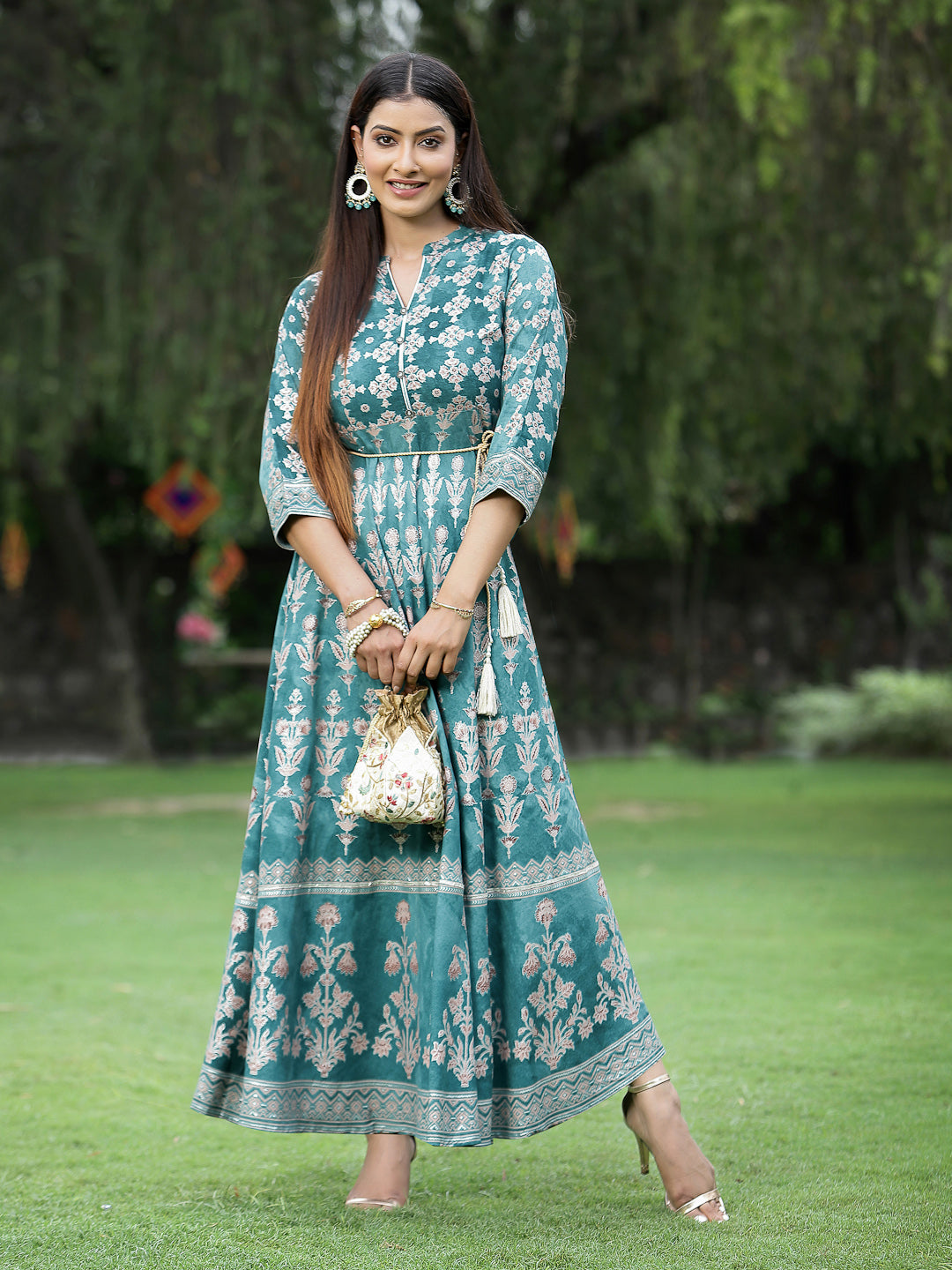 Juniper Women's Teal LIVA Rayon Printed Flared Dress with Waist Tie-up