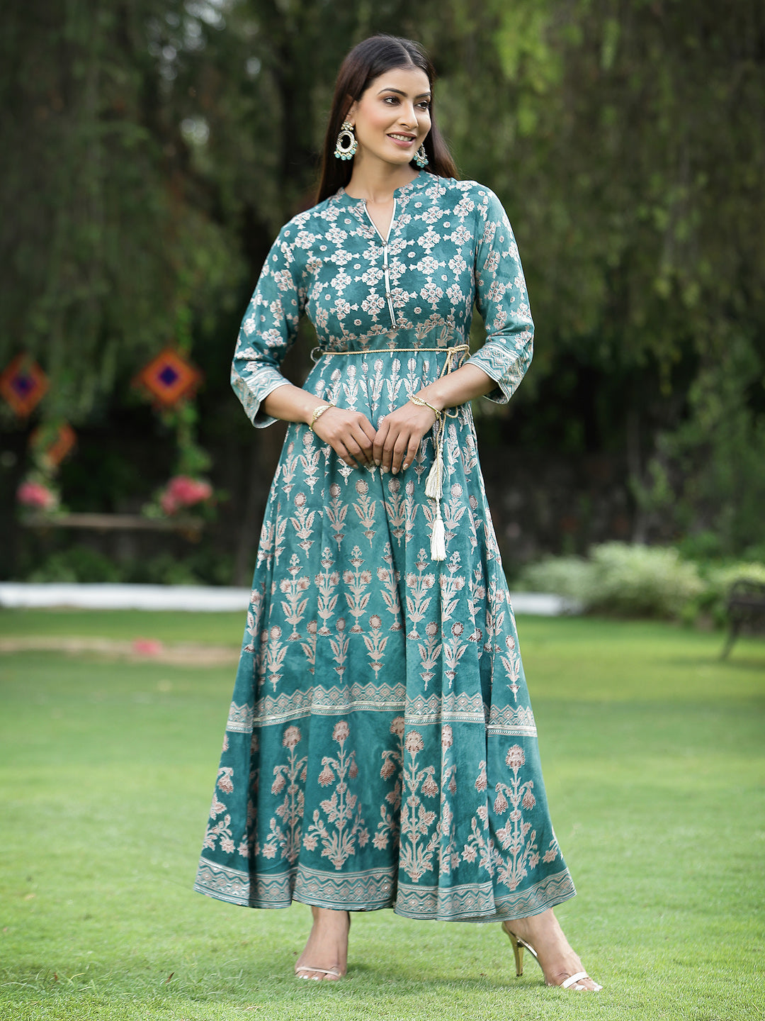 Juniper Women's Teal LIVA Rayon Printed Flared Dress with Waist Tie-up