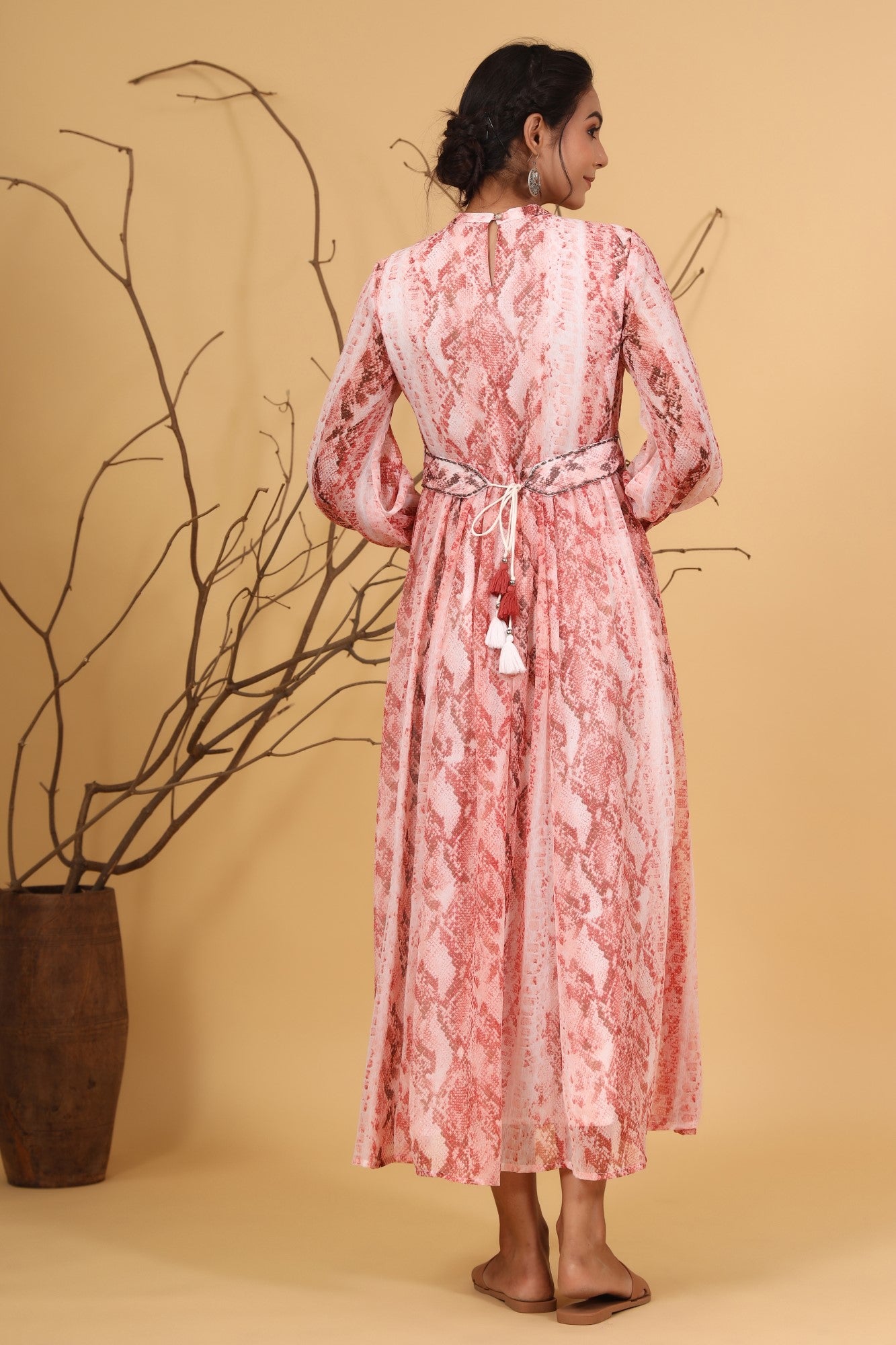 Juniper Women's Peach Chiffon Printed Flared Maxi Dress