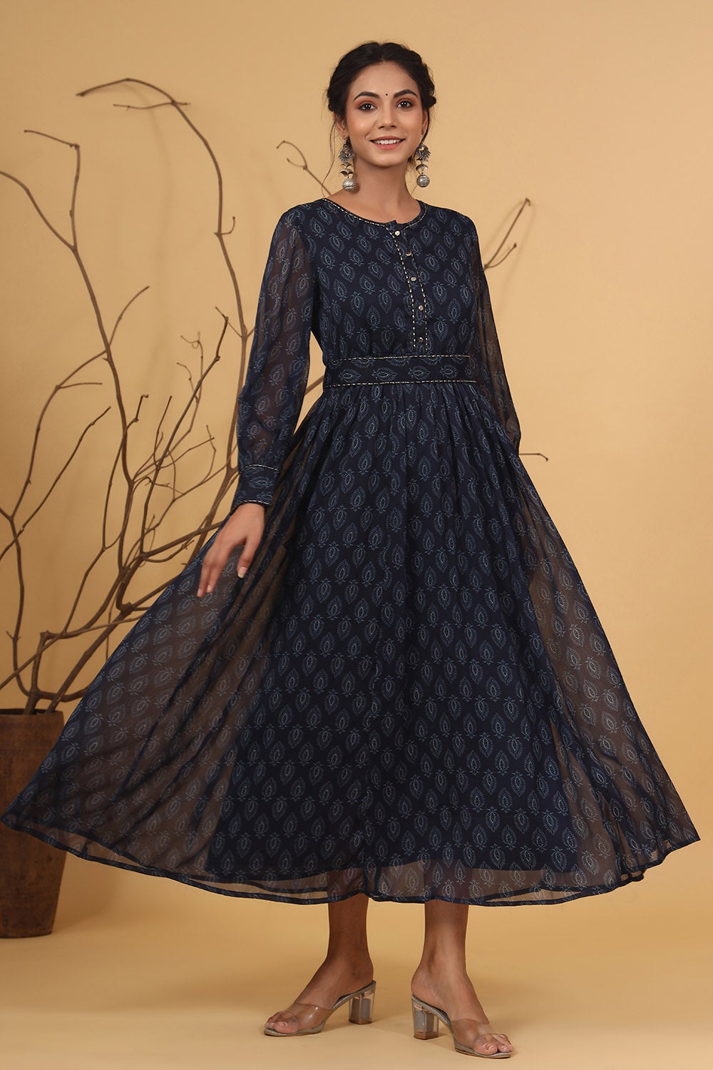 Juniper Navy Chiffon Flared Printed Dress With Tie-up Blet