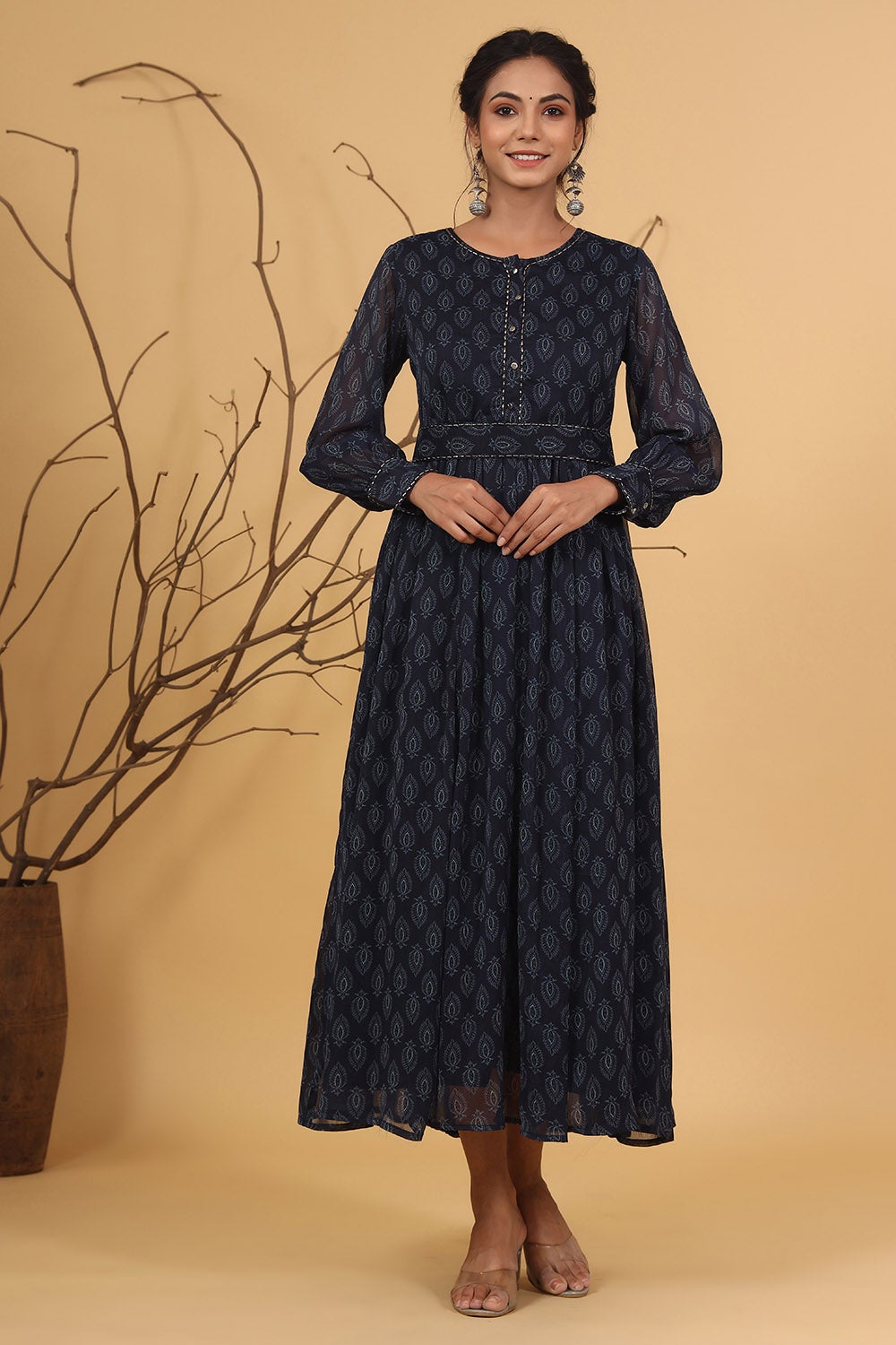 Juniper Navy Chiffon Flared Printed Dress With Tie-up Blet