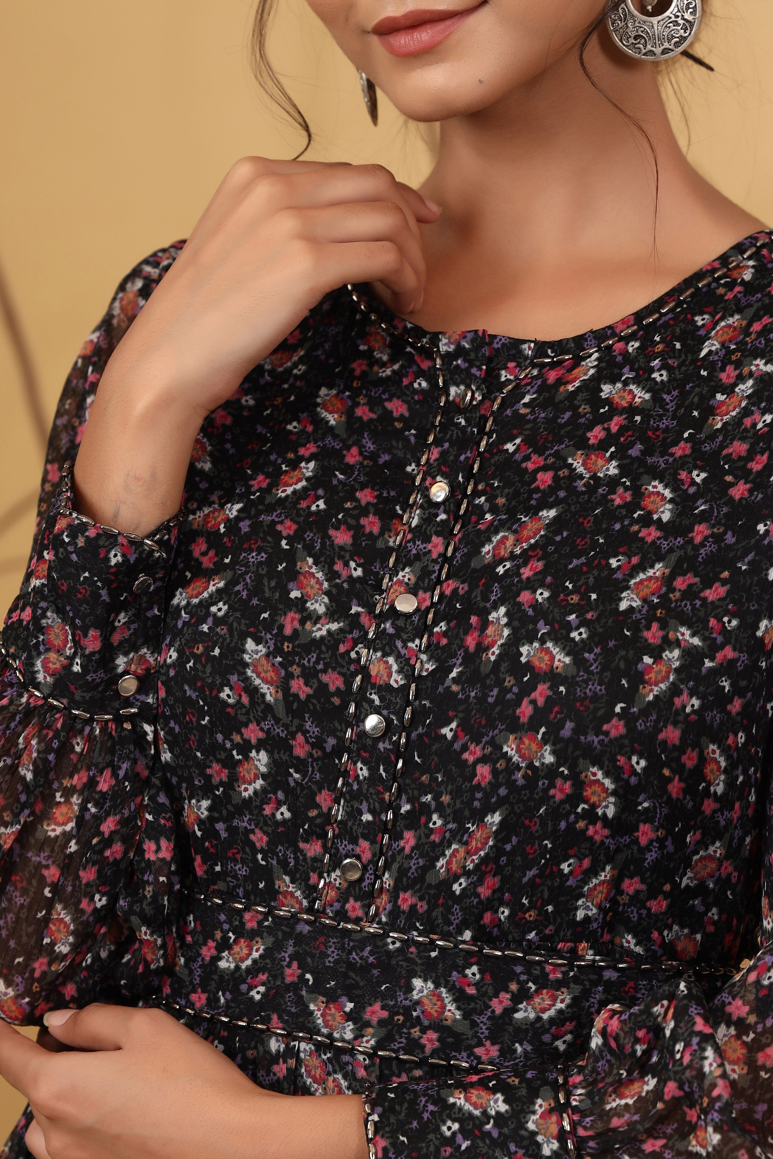 Juniper Navy Blue Floral Printed Chiffon Maxi Dress with Beads Work