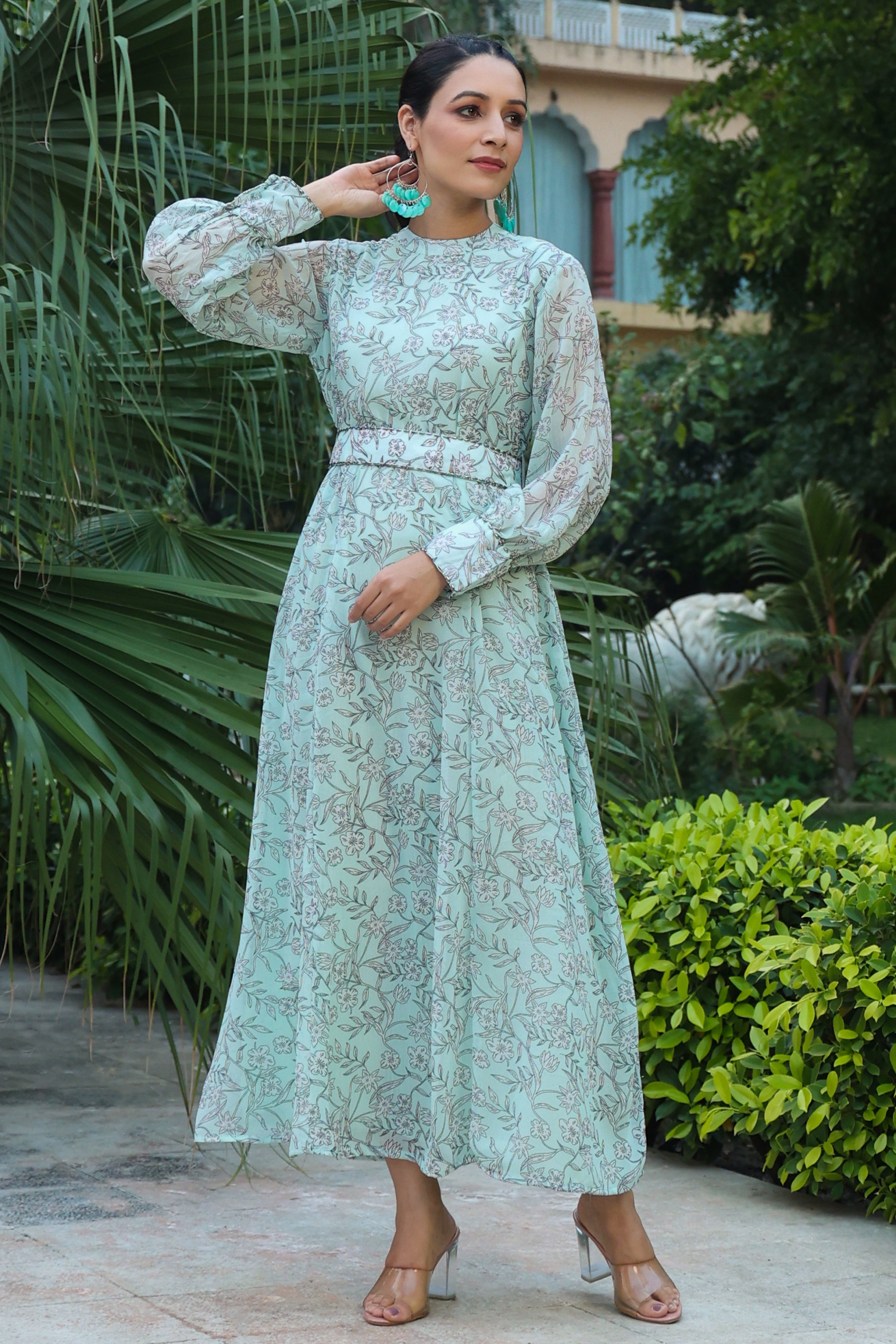 Juniper Sage Green Floral Printed Chiffon Flared Maxi Dress With Buttons