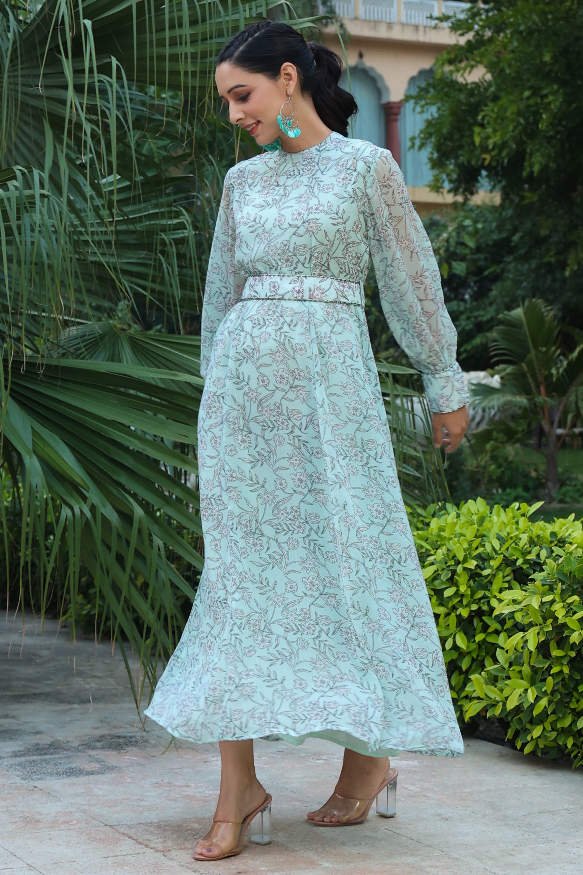 Juniper Sage Green Floral Printed Chiffon Flared Maxi Dress With Buttons