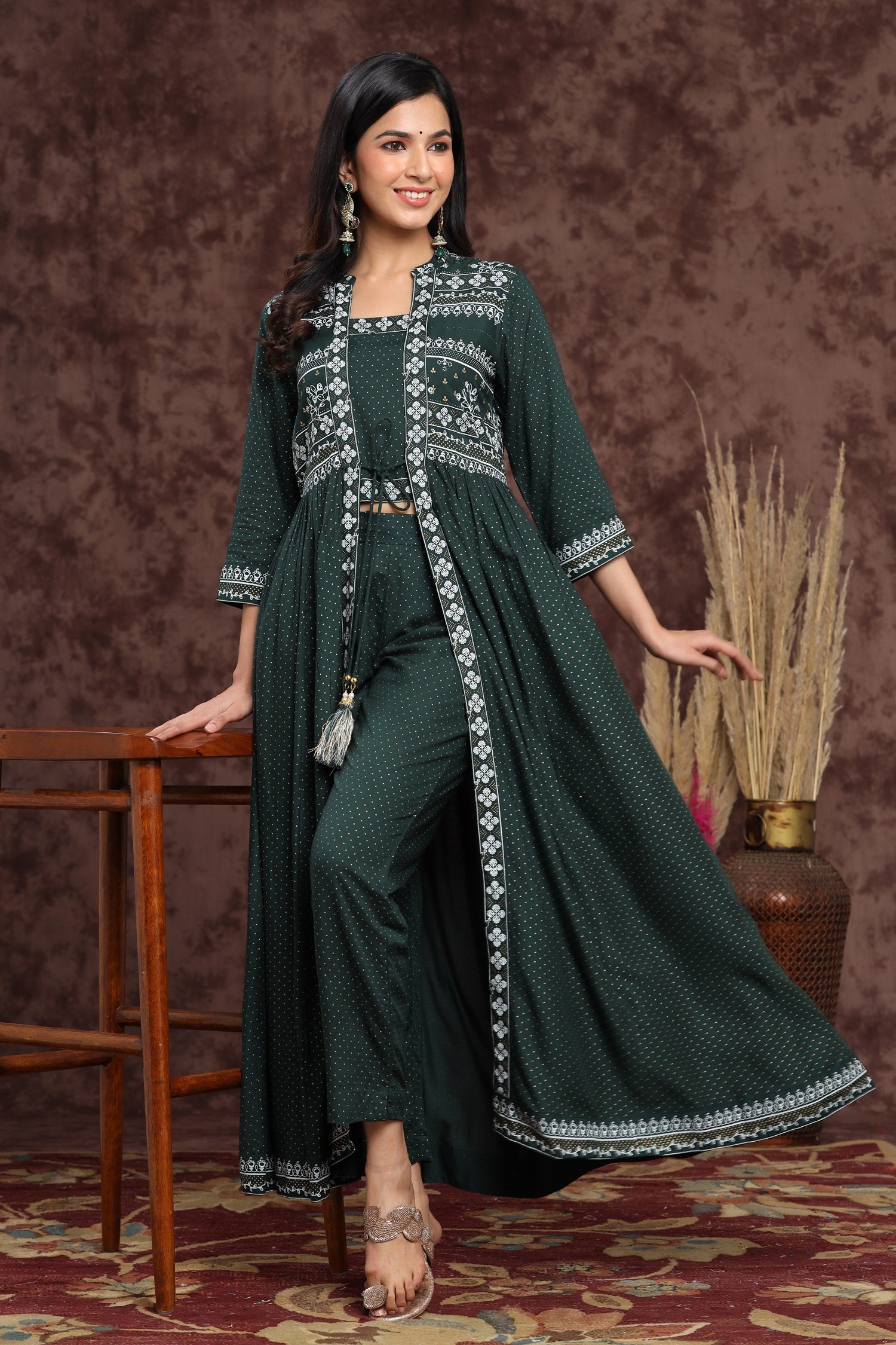 Juniper Jade Green Ethnic Motif Printed Rayon Jacket Style Kurta & Pants Set.