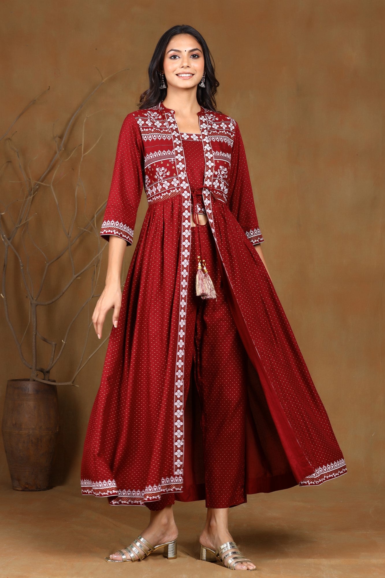 Juniper Women s Maroon LIVA Rayon Printed Jacket Style Kurta Pants s