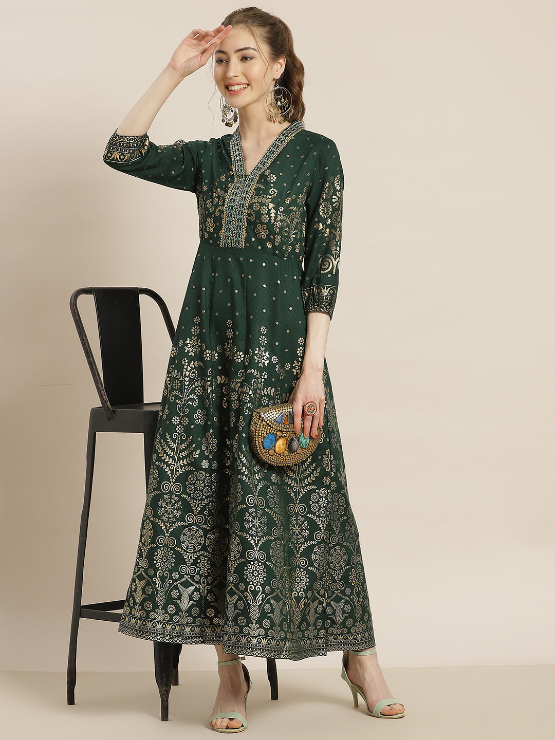 Juniper Jadegreen LIVA Rayon Printed Anarkali Dress