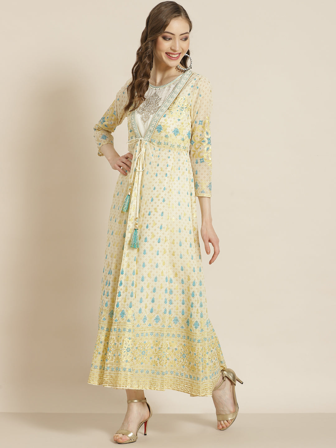 Juniper Ivory Ethnic Motif Printed & Embroidered Georgette Layered Maxi Dress