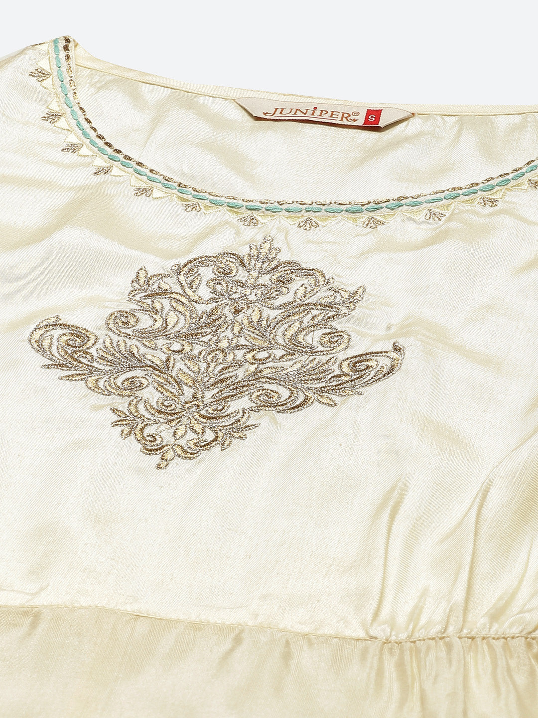 Juniper Ivory Ethnic Motif Printed & Embroidered Georgette Layered Maxi Dress