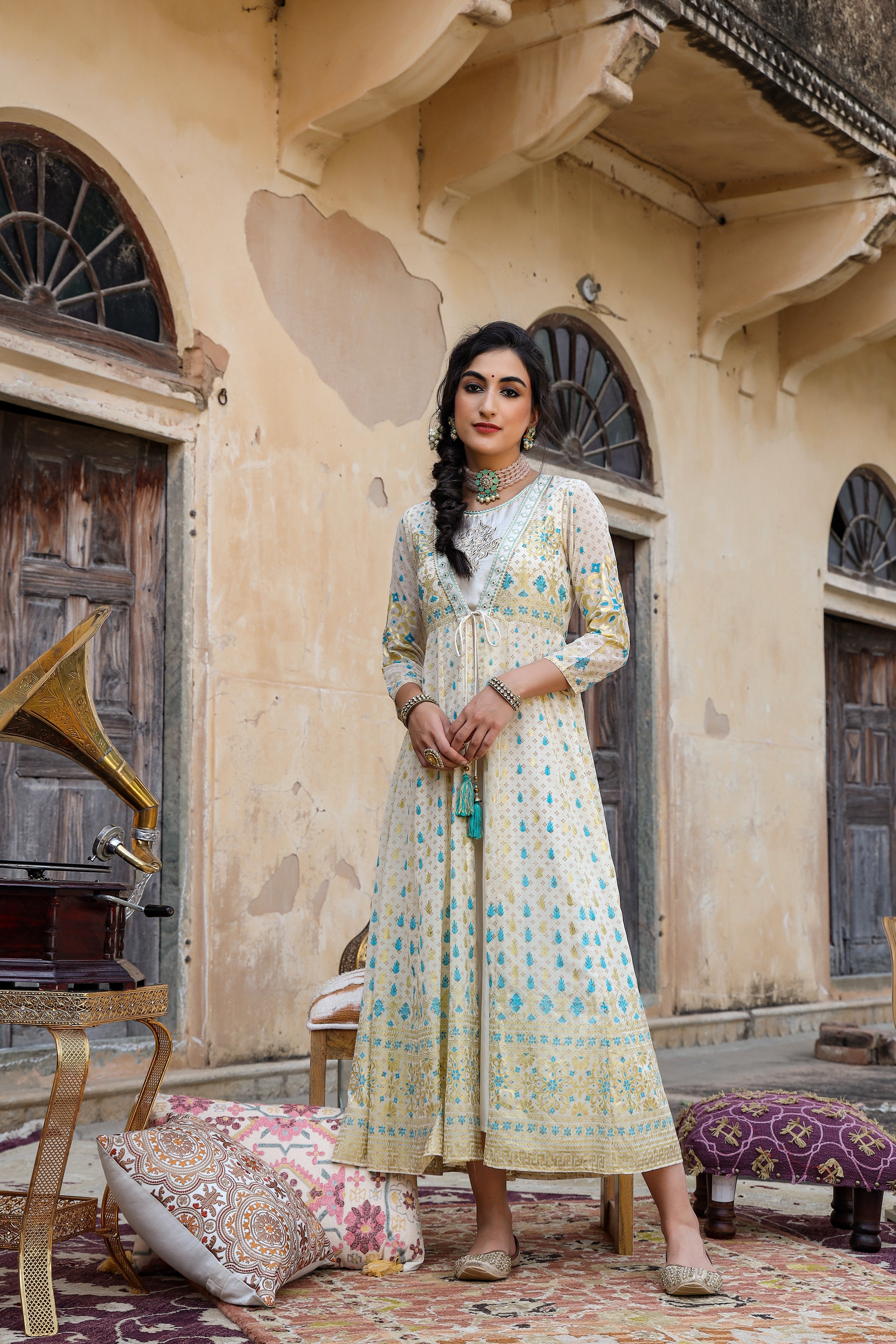 Juniper Ivory Ethnic Motif Printed & Embroidered Georgette Layered Maxi Dress