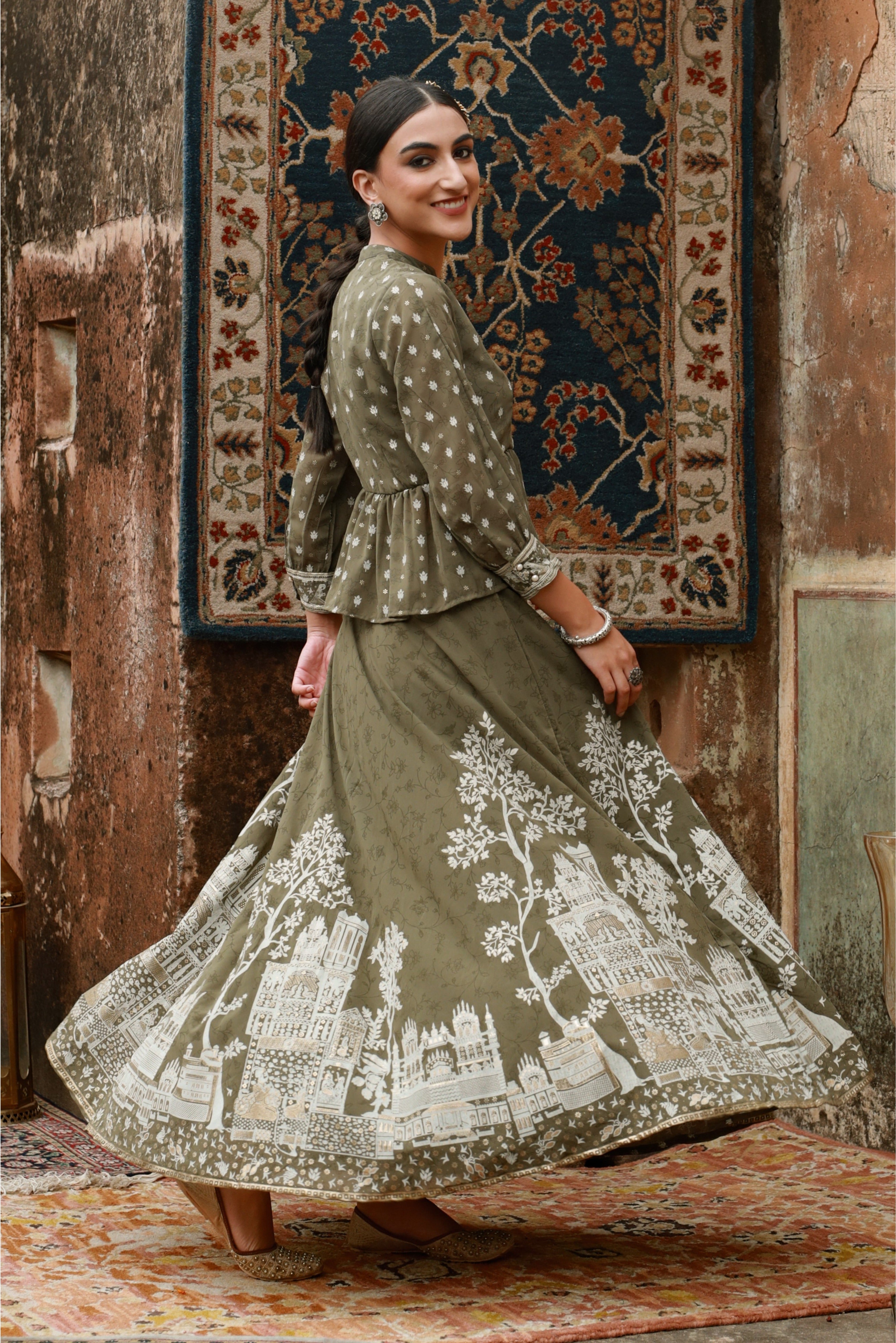 Juniper Olive Ethnic Motif Printed Georgette Lehenga & Choli Set