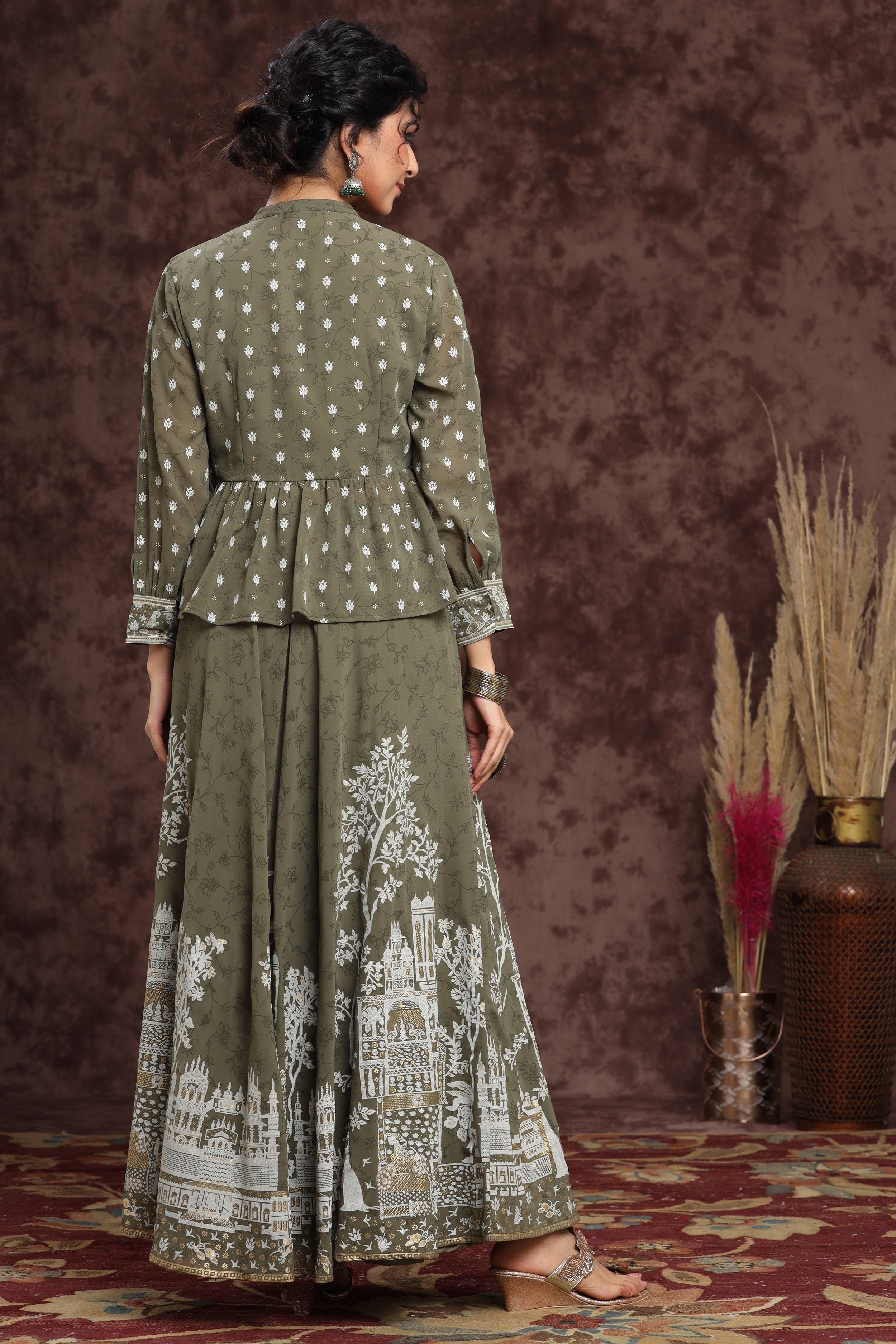 Juniper Olive Ethnic Motif Printed Georgette Lehenga & Choli Set