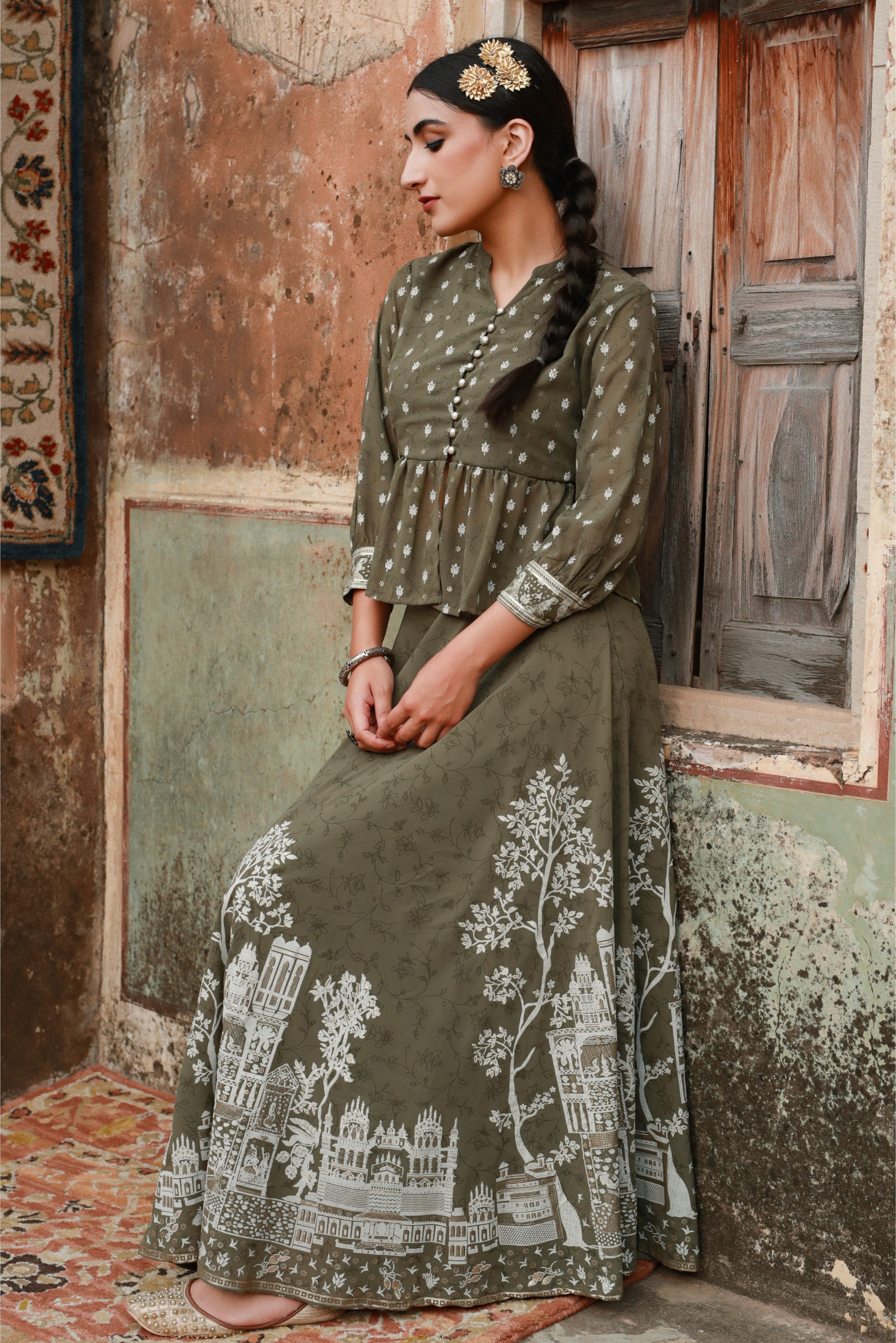 Juniper Olive Ethnic Motif Printed Georgette Lehenga & Choli Set