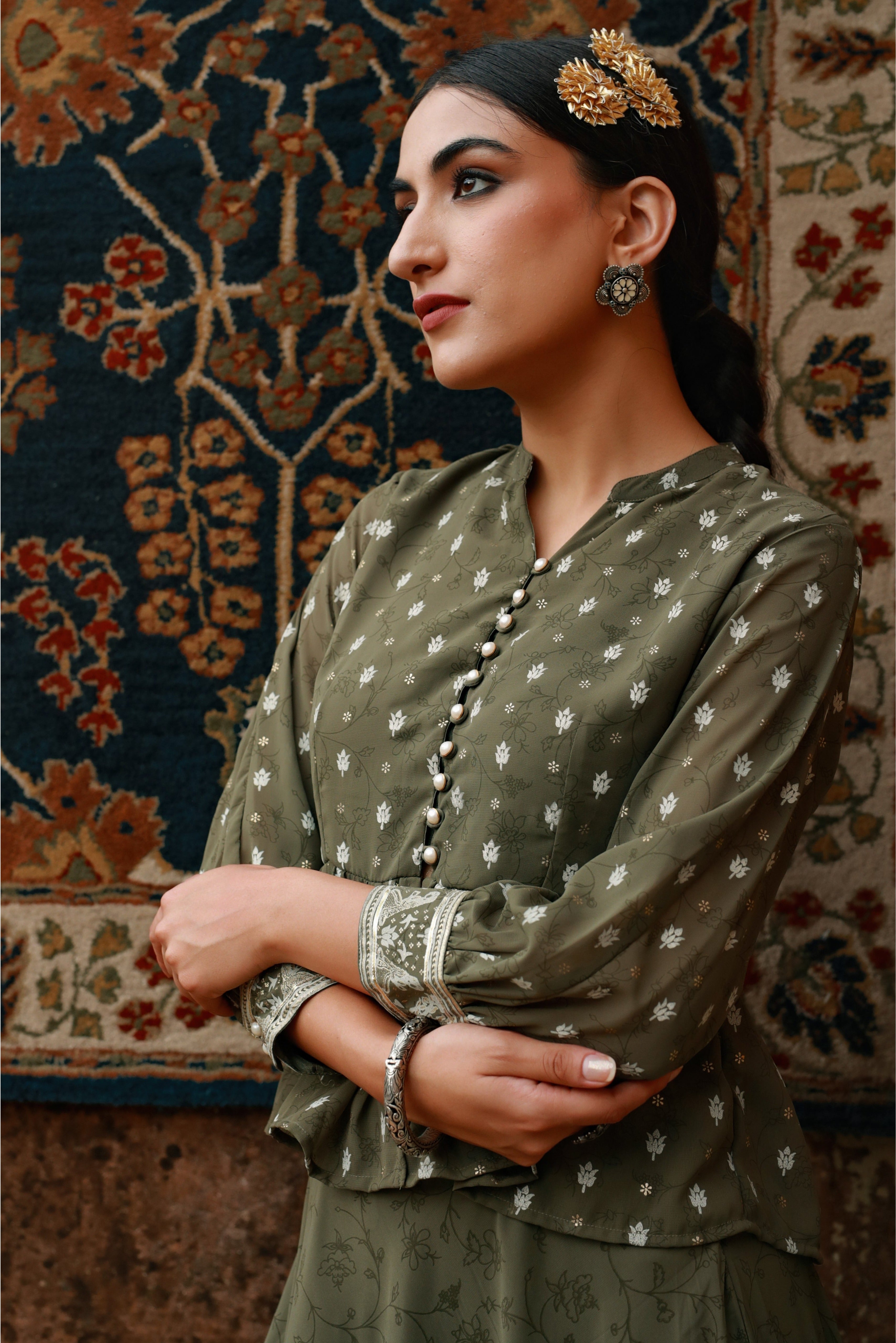 Juniper Olive Ethnic Motif Printed Georgette Lehenga & Choli Set