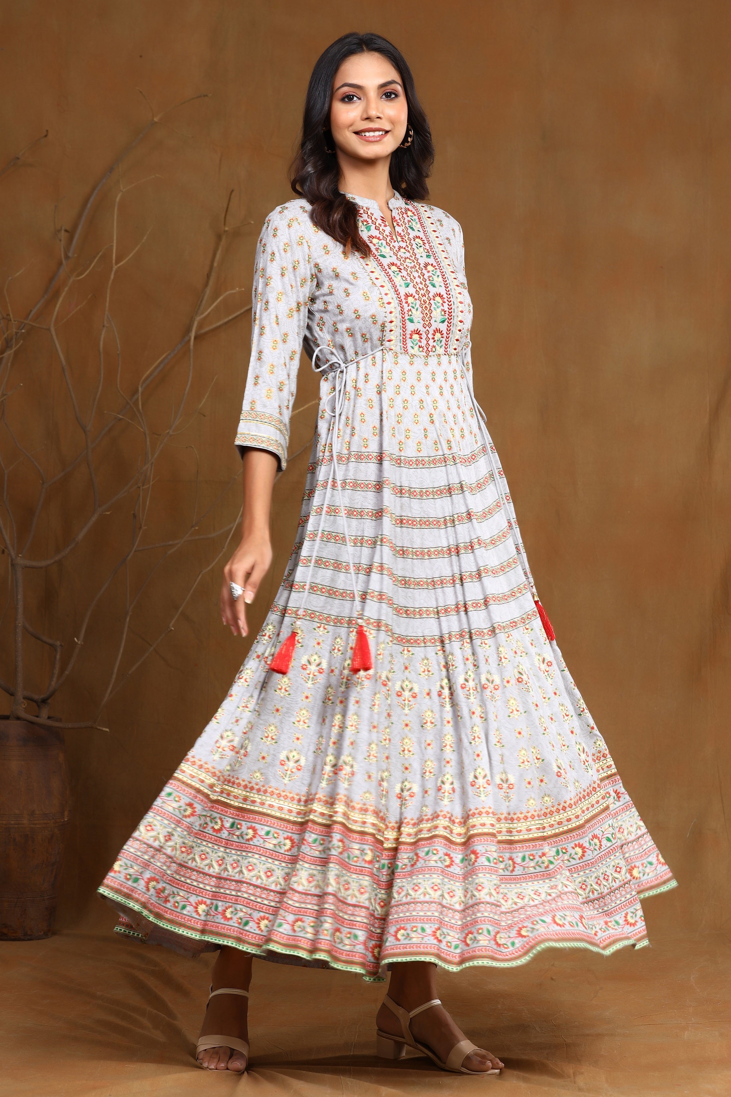 Juniper Grey Ethnic Motif Printed & Embroidered Rayon Maxi Dress