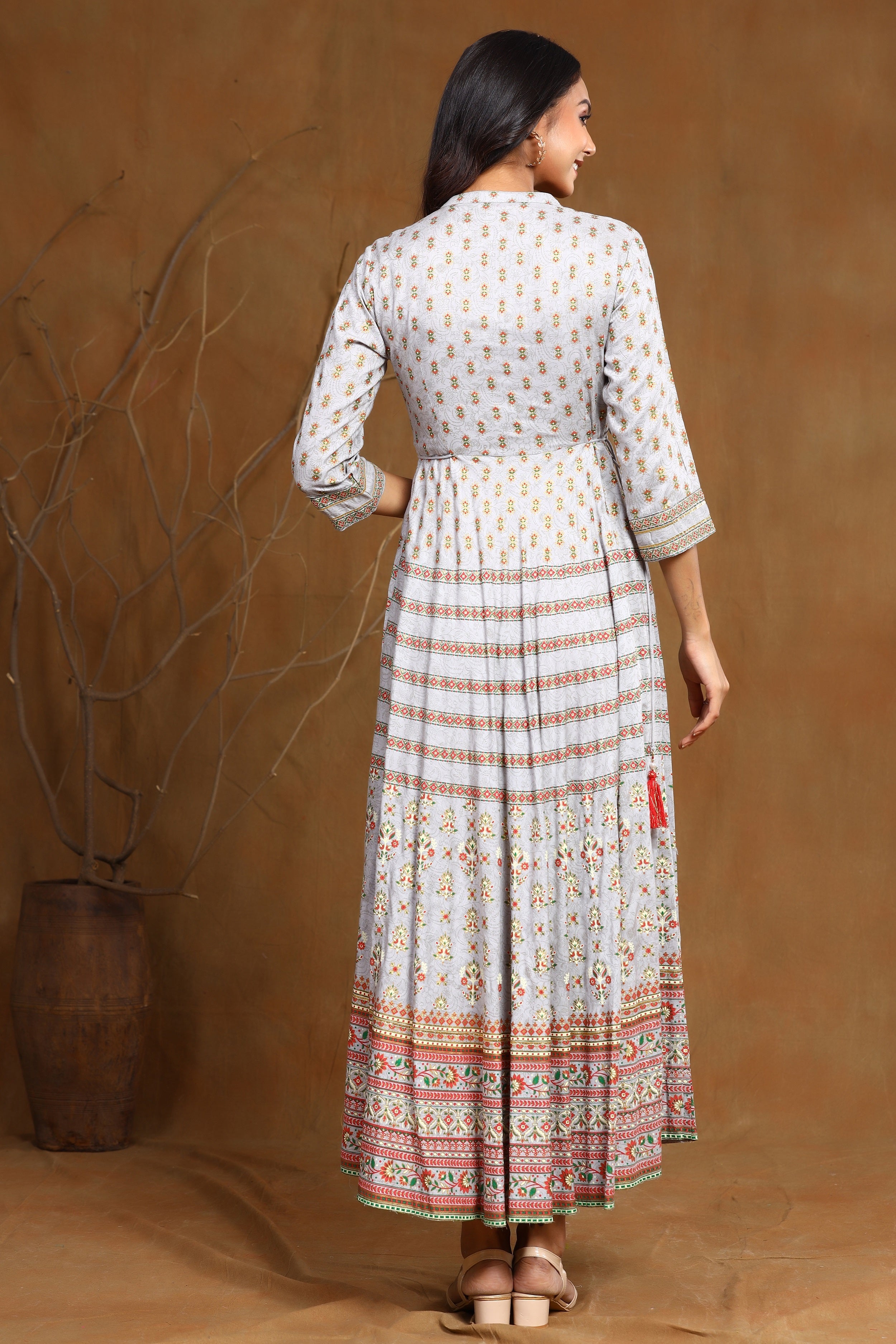 Juniper Grey Ethnic Motif Printed & Embroidered Rayon Maxi Dress