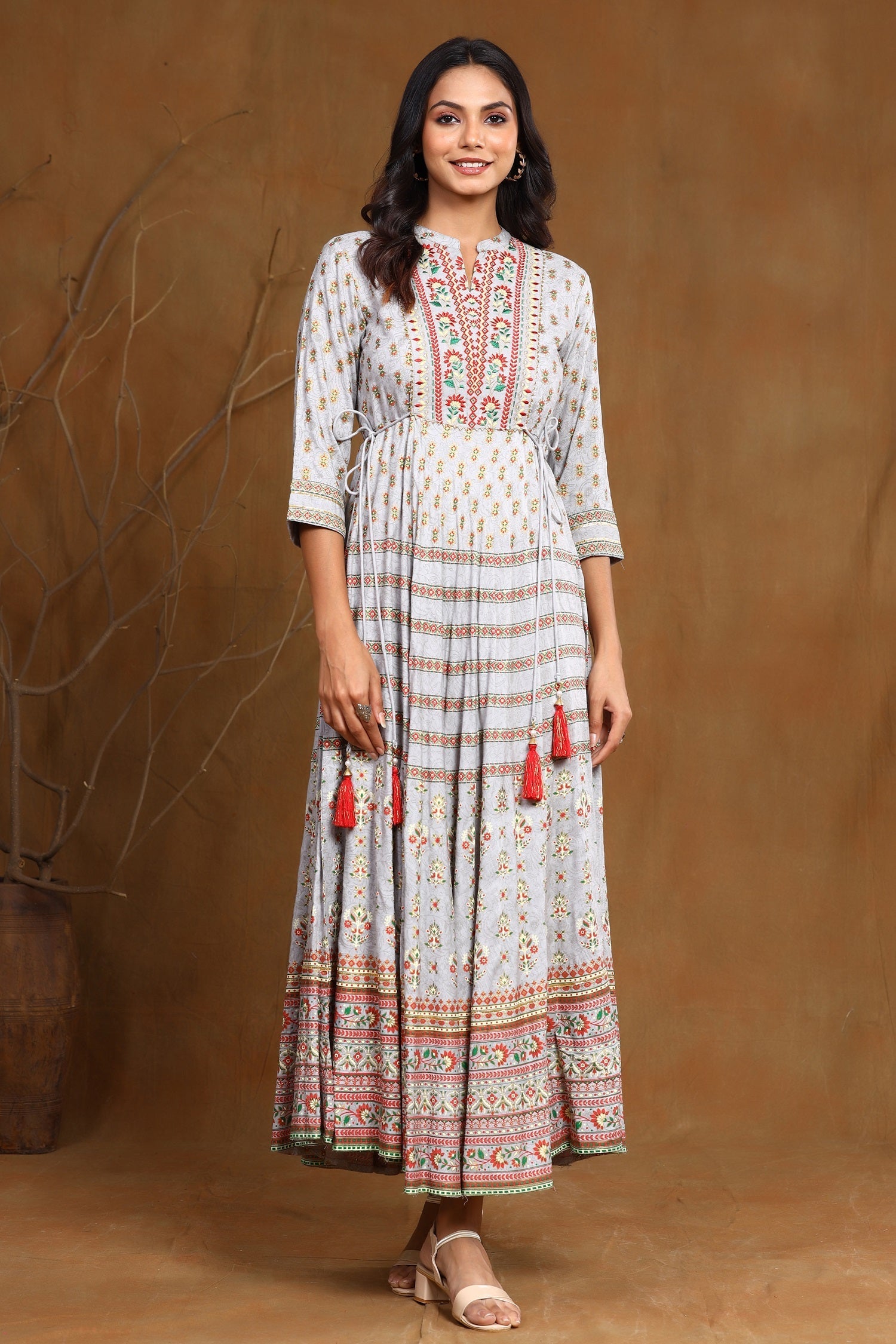 Juniper Grey Ethnic Motif Printed & Embroidered Rayon Maxi Dress