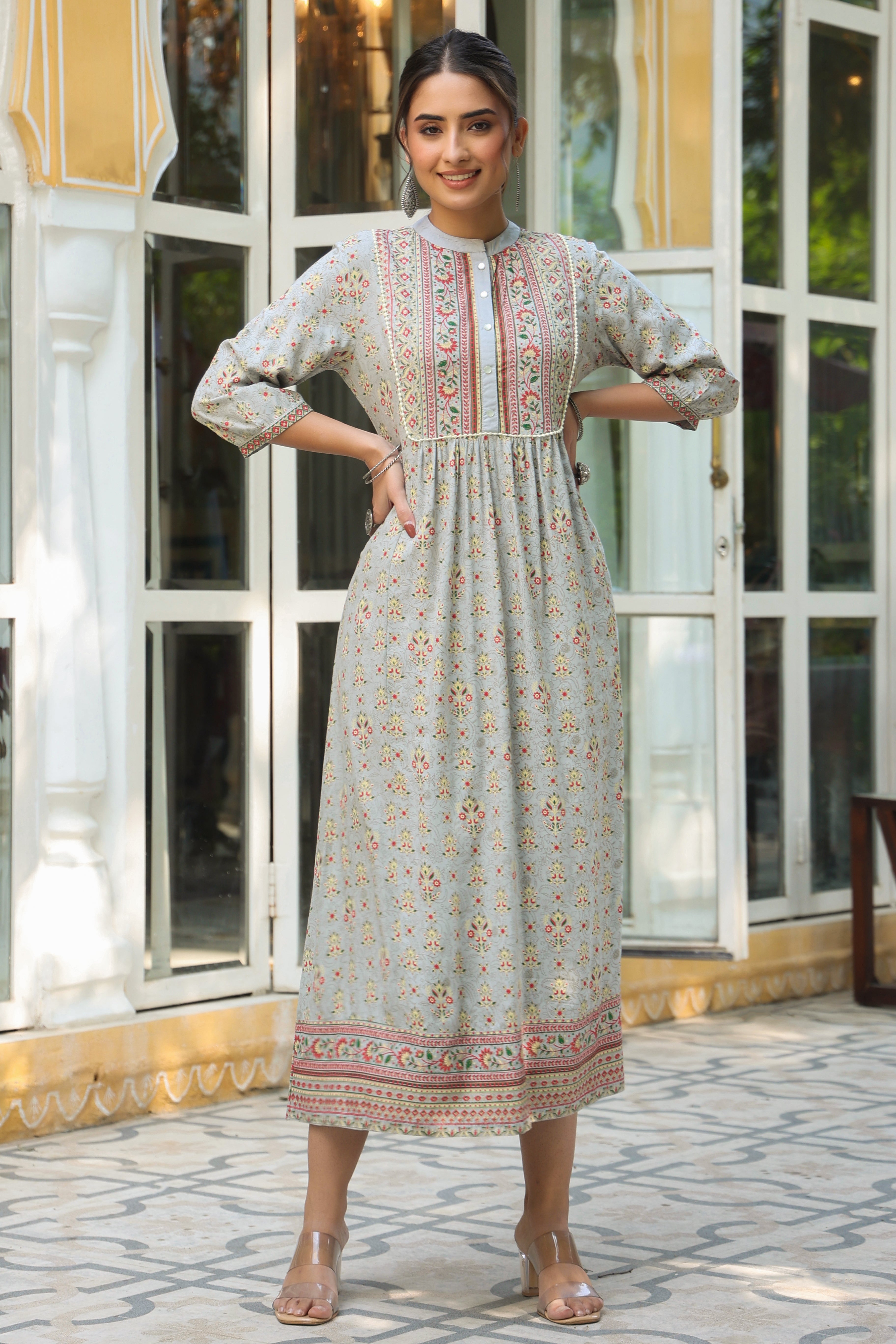 Juniper Grey Ethnic Motif Printed Rayon A-Line Maxi Dress With Buttons.