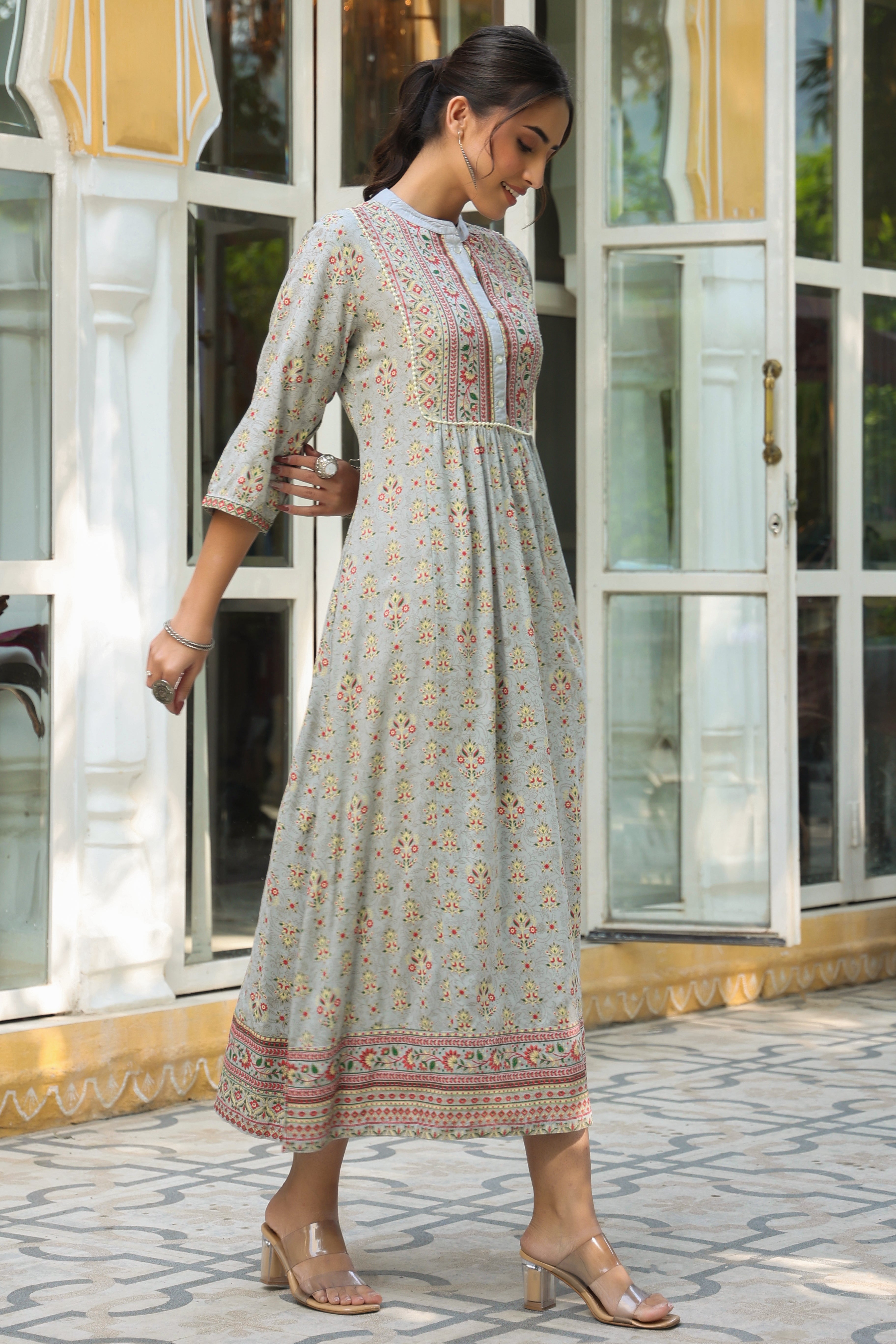 Juniper Grey Ethnic Motif Printed Rayon A-Line Maxi Dress With Buttons.