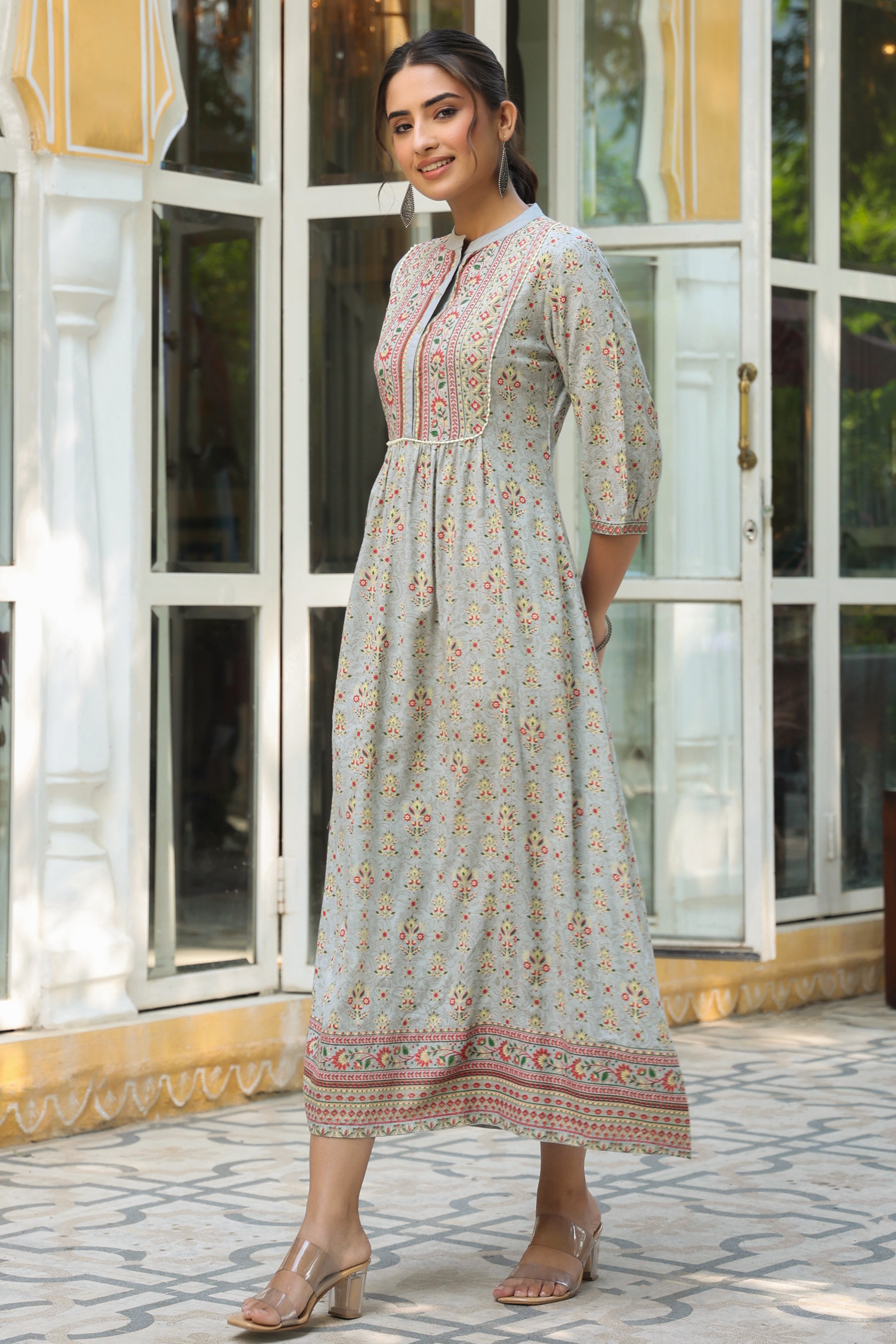Juniper Grey Ethnic Motif Printed Rayon A-Line Maxi Dress With Buttons.