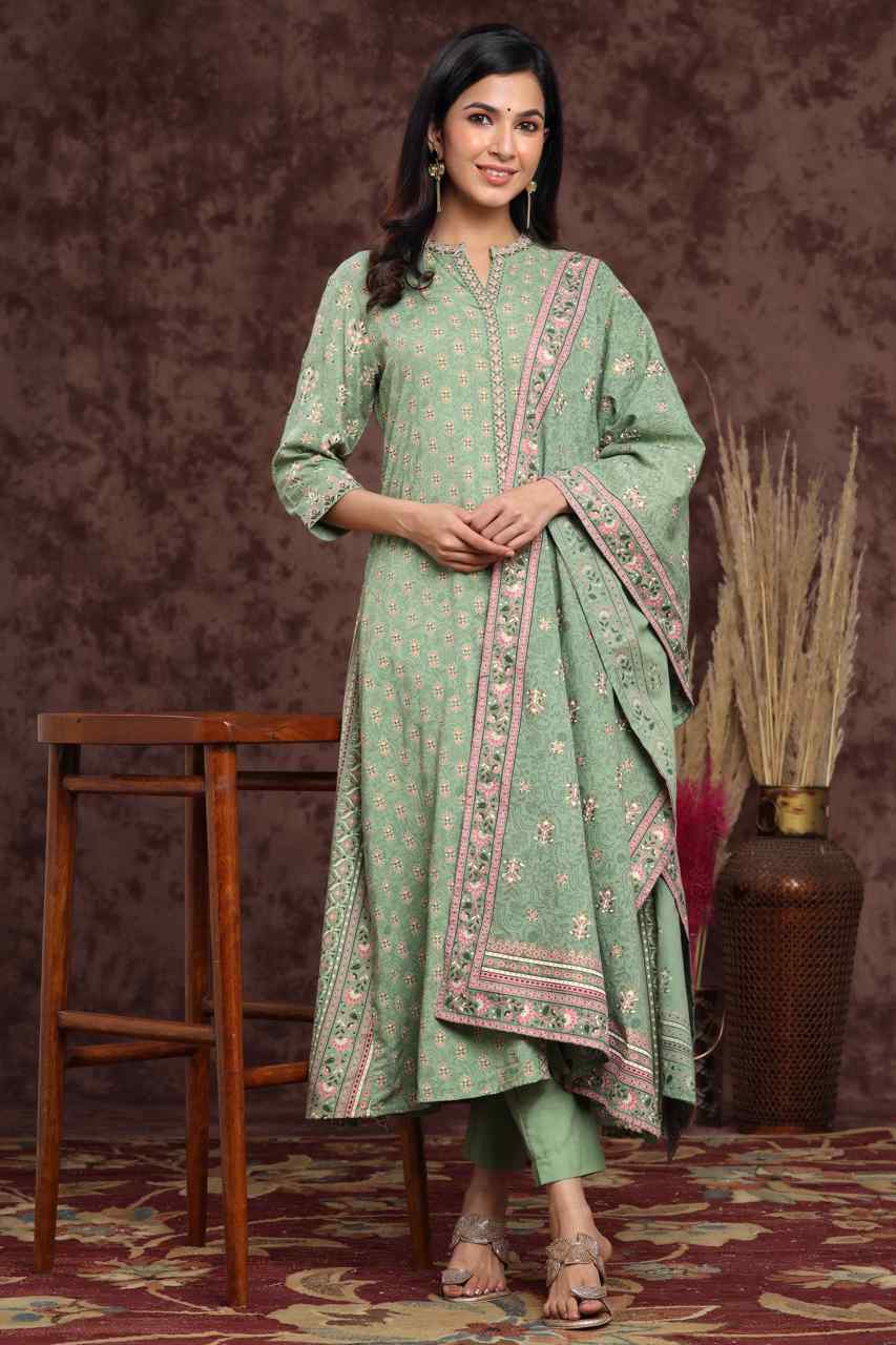 Juniper Pistagreen LIVA Rayon Printed A-Line Kurta Pant Dupatta Sets