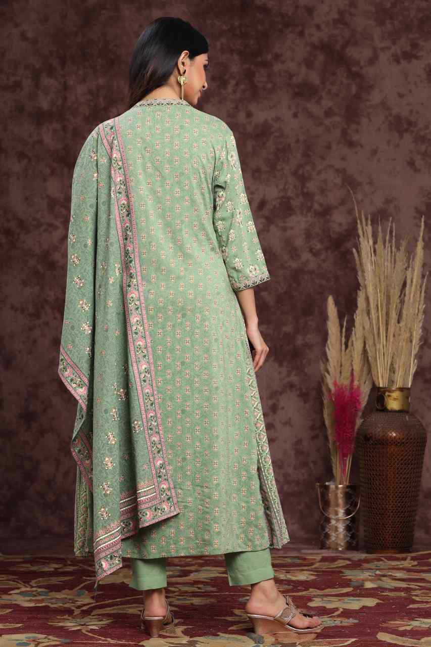 Juniper Pistagreen LIVA Rayon Printed A-Line Kurta Pant Dupatta Sets