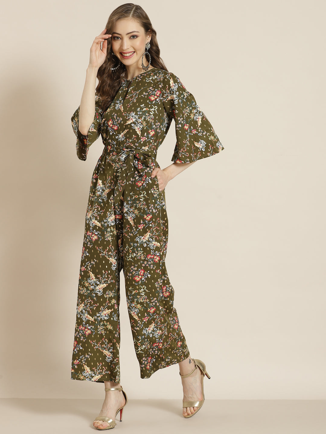 Juniper Olive Micro Poly Printed Jumpsuit with Tie-up