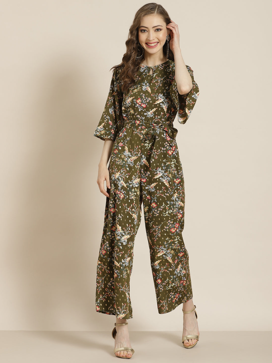 Juniper Olive Micro Poly Printed Jumpsuit with Tie-up