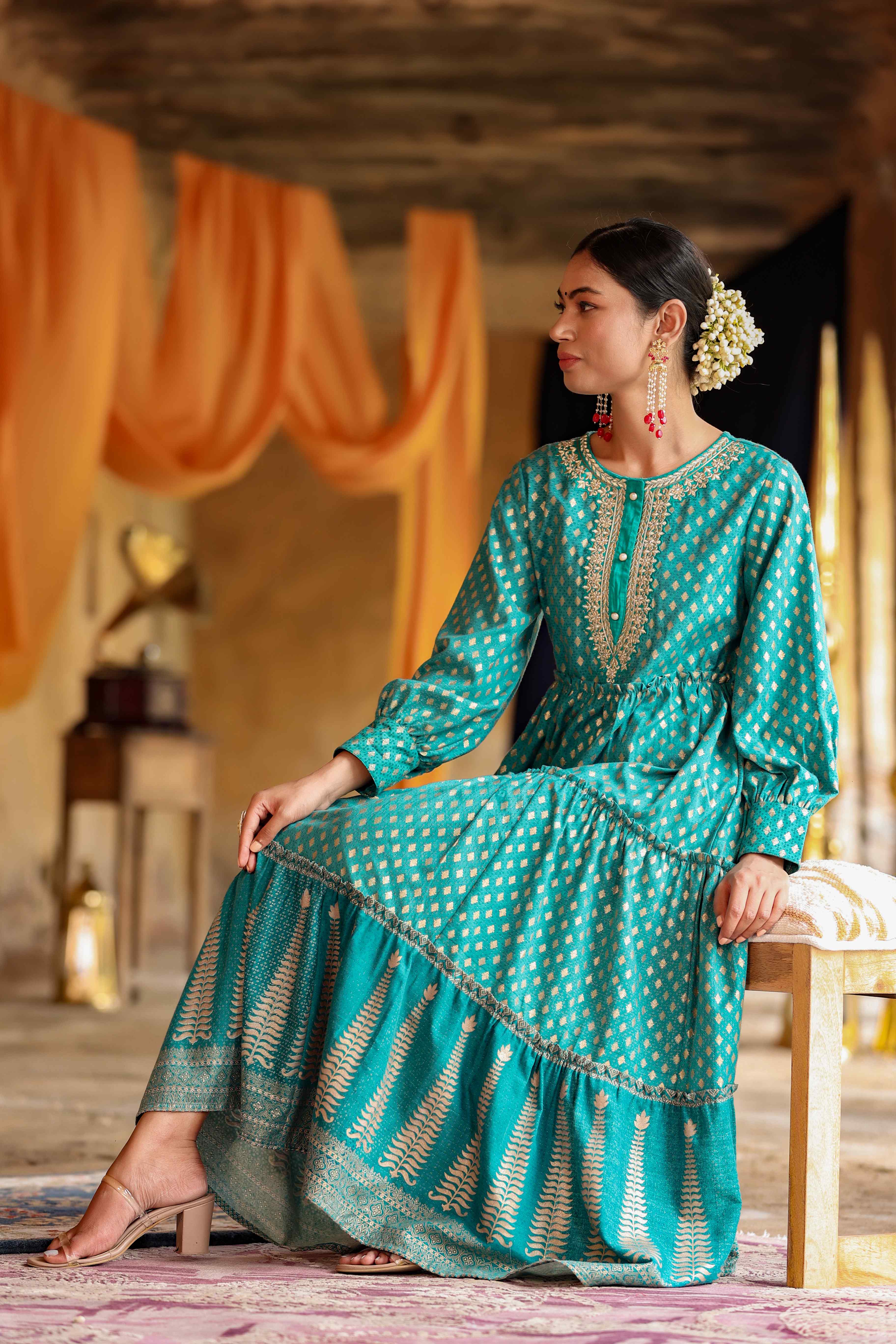 Juniper Teal Rayon Ethnic Motif Printed & Embroidered Tiered Maxi Dress