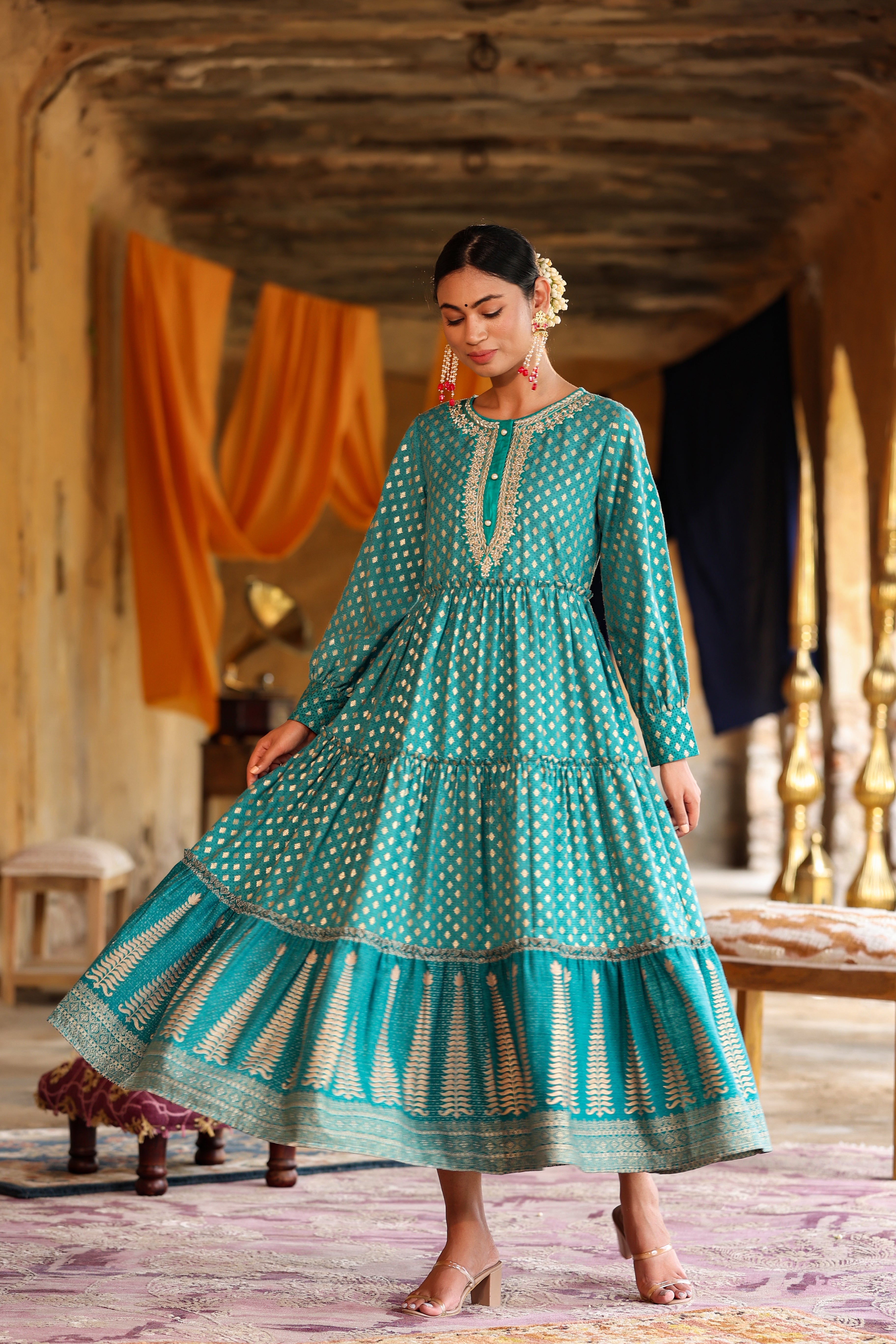 Juniper Teal Rayon Ethnic Motif Printed & Embroidered Tiered Maxi Dress