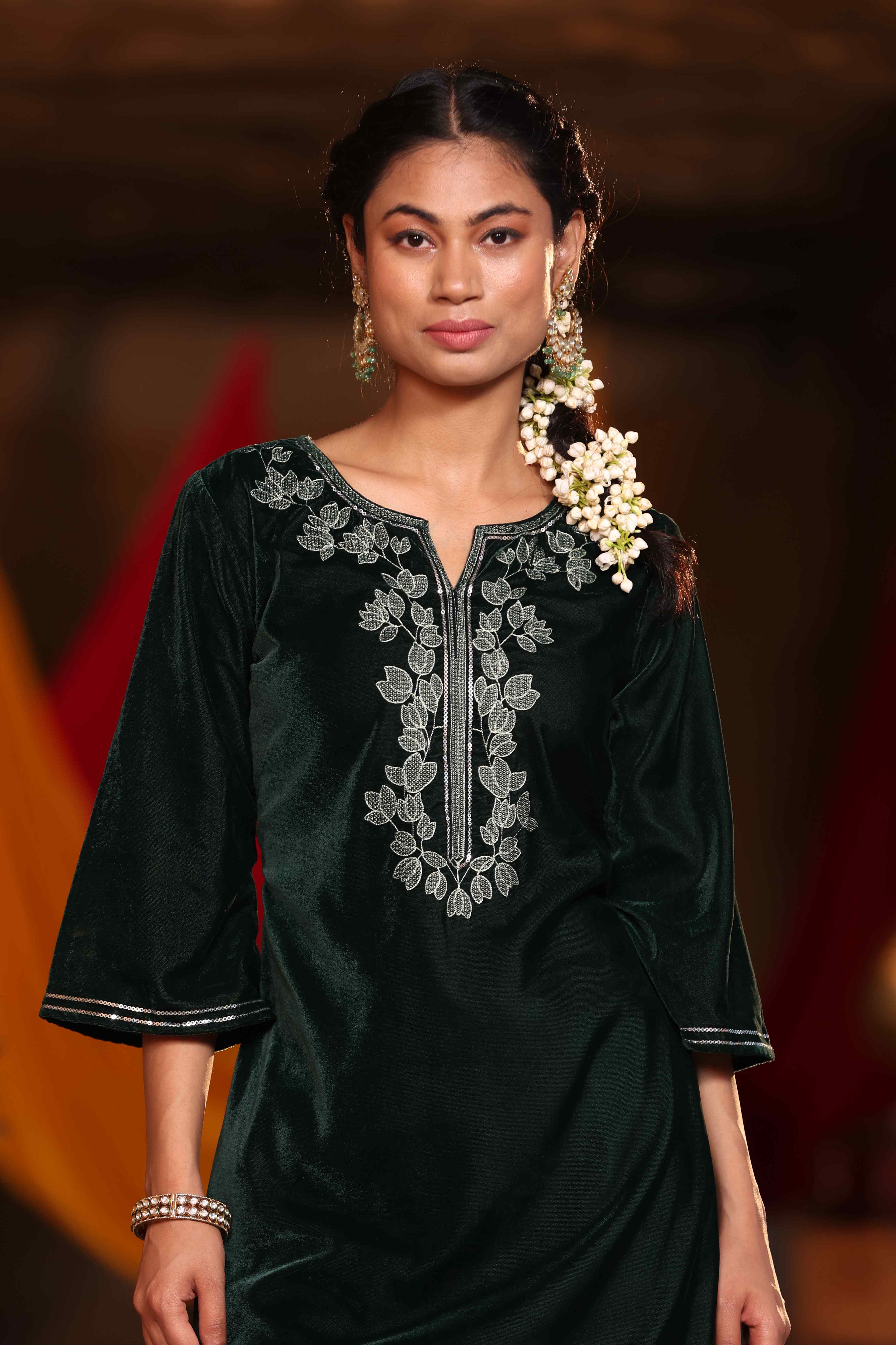 Juniper Jade Green Ethnic Motif Printed Velvet Straight Kurta & Pants Set With Zari Work Embroidery.