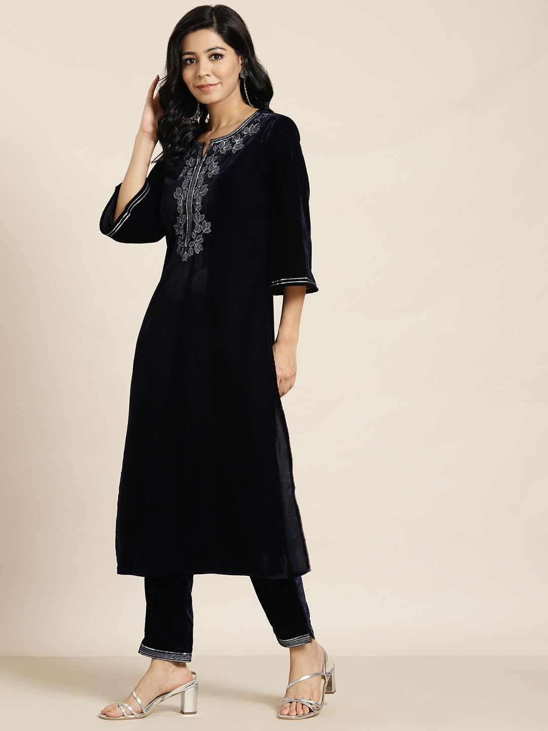 Juniper Navy Blue Ethnic Motif Printed Velvet Straight Kurta & Pants Set With Zari Work Embroidery.