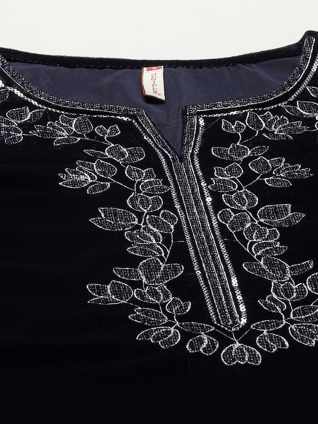Juniper Navy Blue Ethnic Motif Printed Velvet Straight Kurta & Pants Set With Zari Work Embroidery.