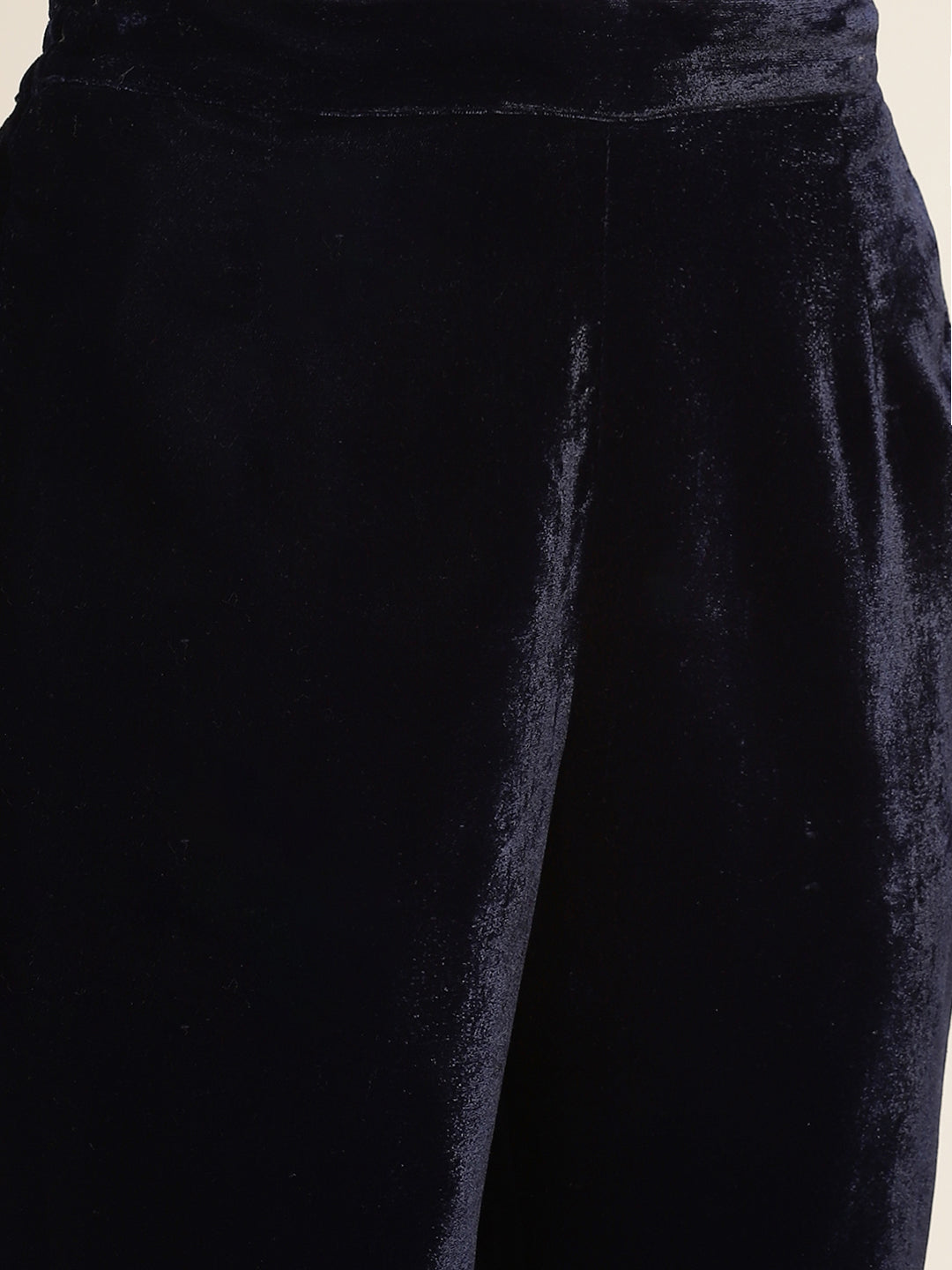 Juniper Navy Blue Ethnic Motif Printed Velvet Straight Kurta & Pants Set With Zari Work Embroidery.