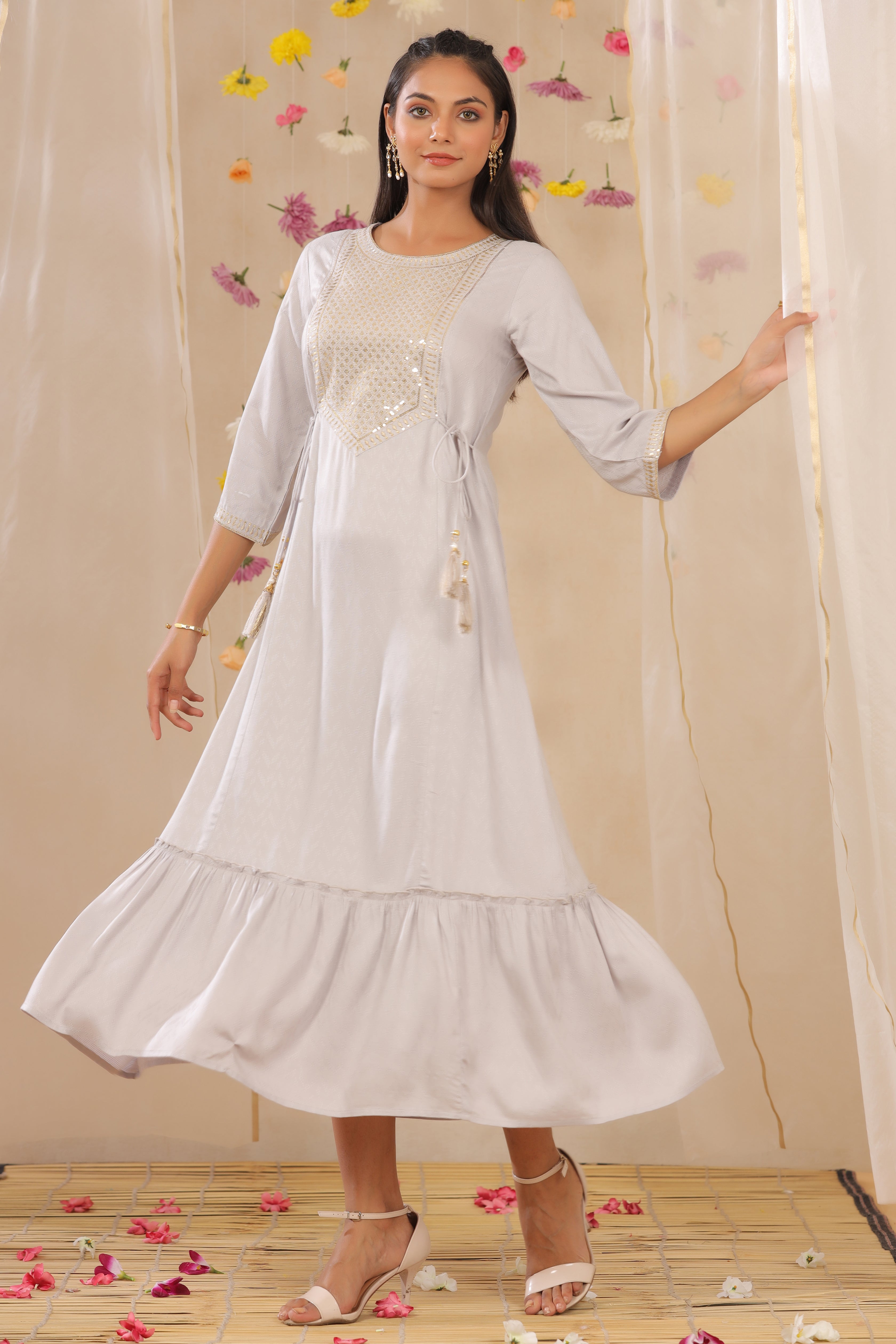 Juniper Grey Zari Embroidered Rayon Dobby Maxi Dress