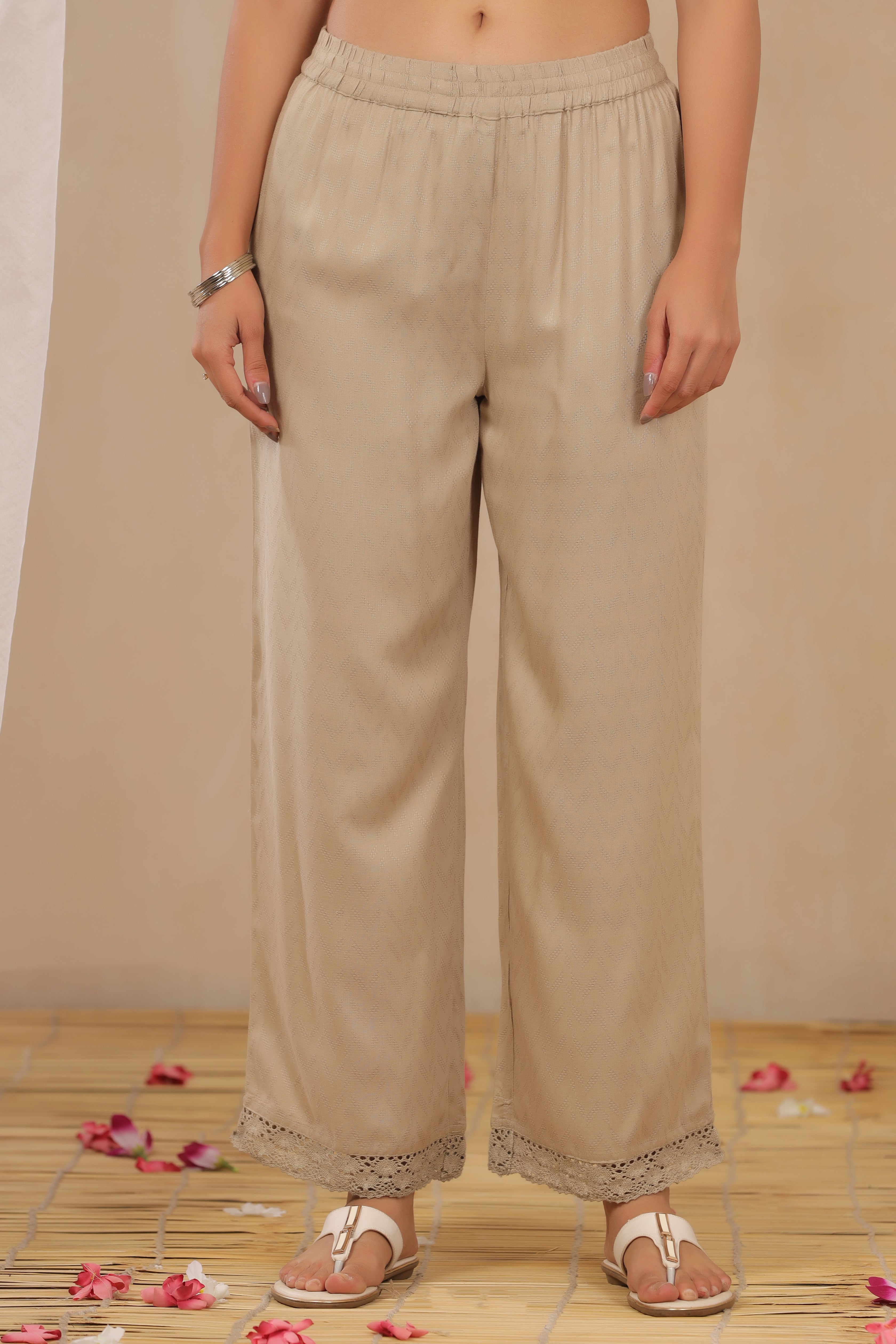 Juniper Sand Grey Solid Rayon Dobby Palazzo With Lace At Hem