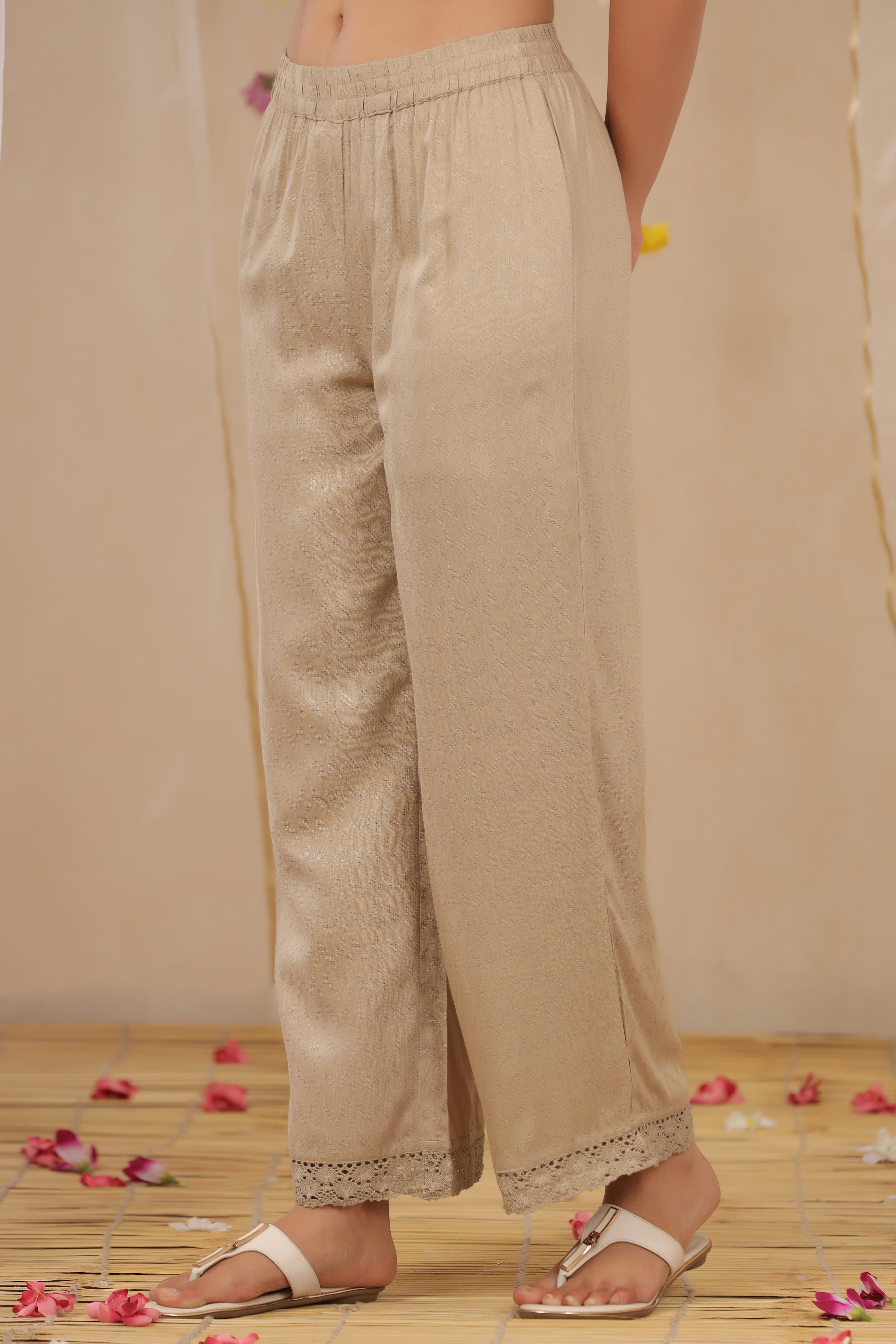 Juniper Sand Grey Solid Rayon Dobby Palazzo With Lace At Hem