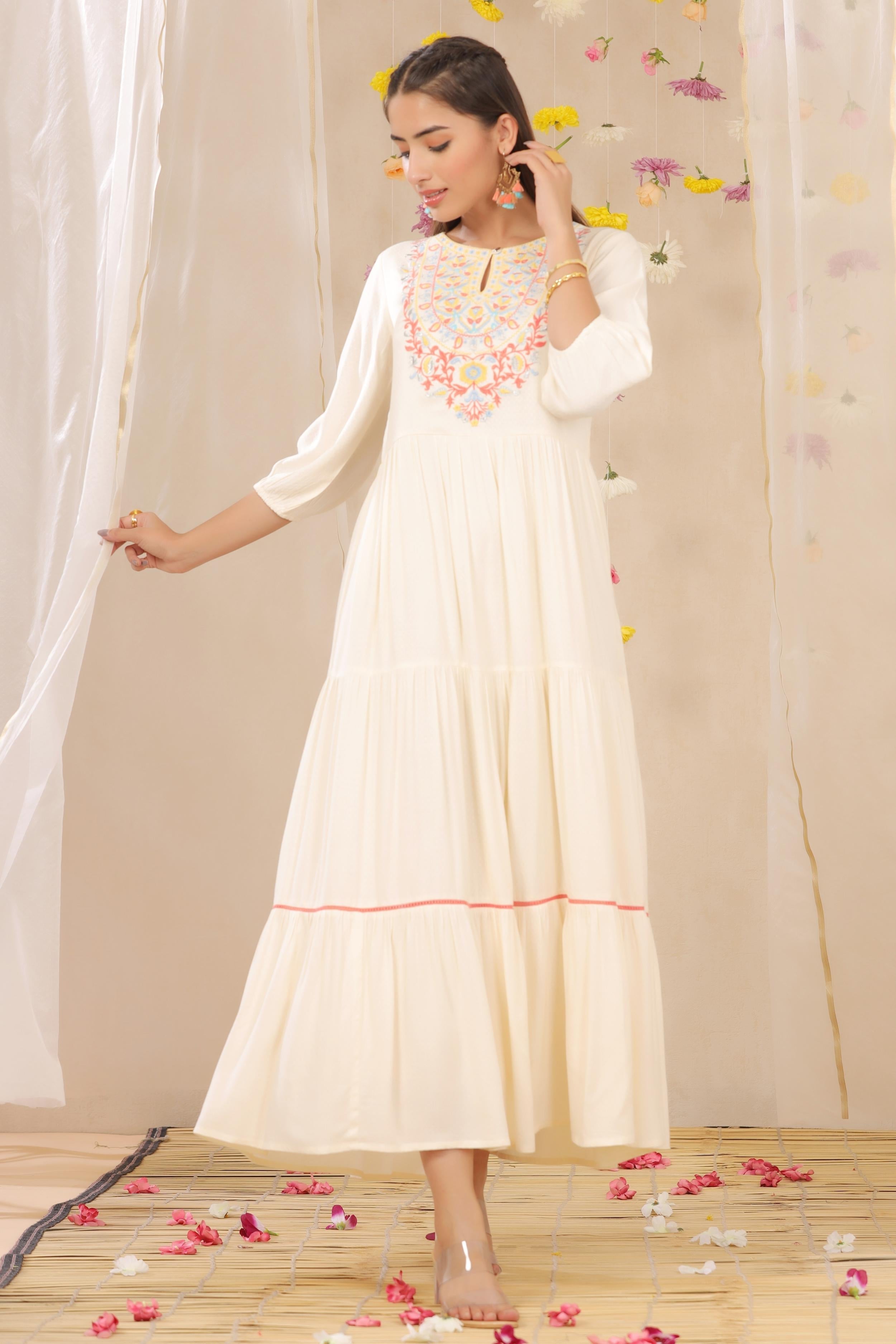 Off-White Embroidered Rayon Dobby Maxi Dress with Lace Work