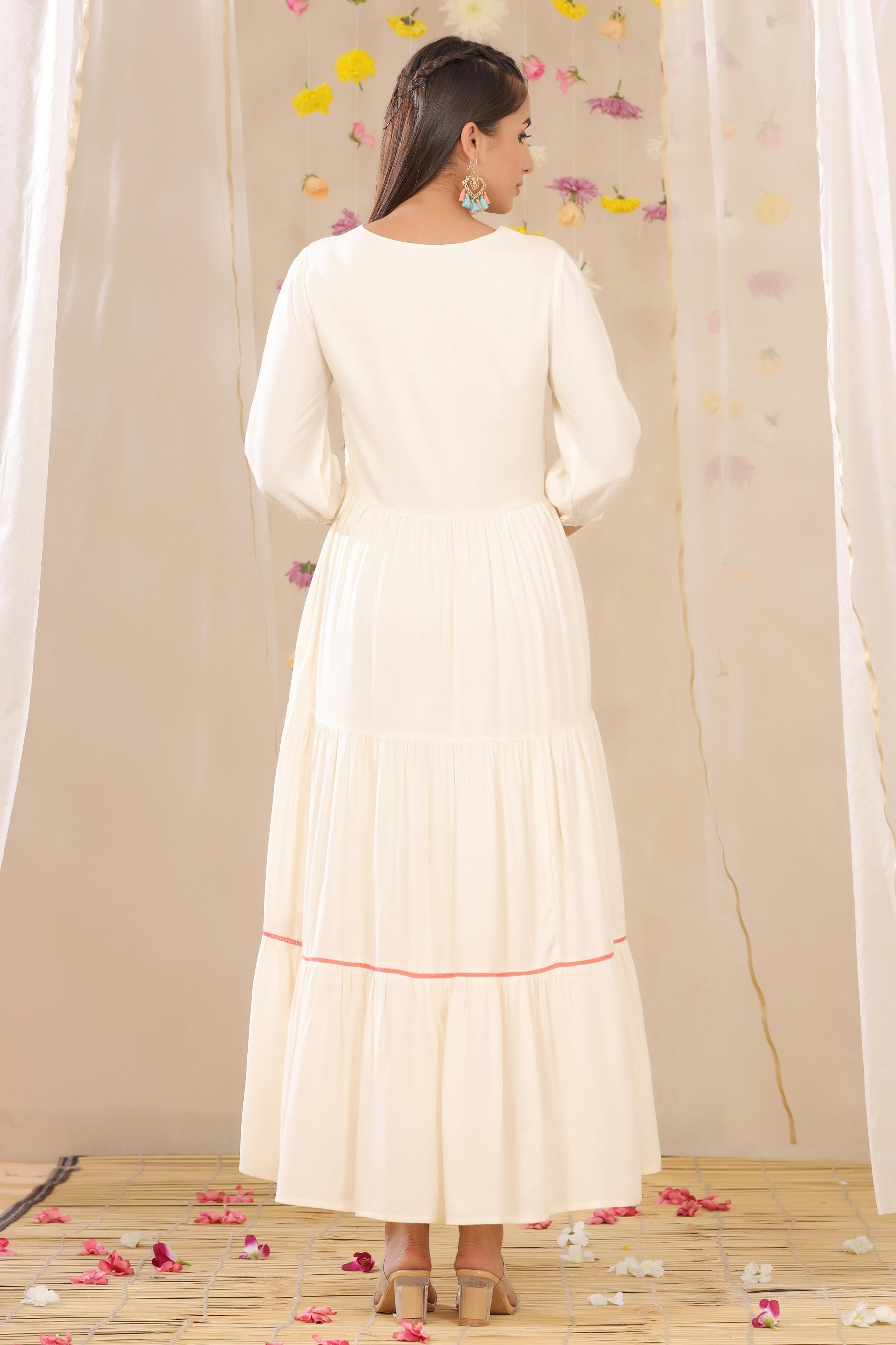 Off-White Embroidered Rayon Dobby Maxi Dress with Lace Work