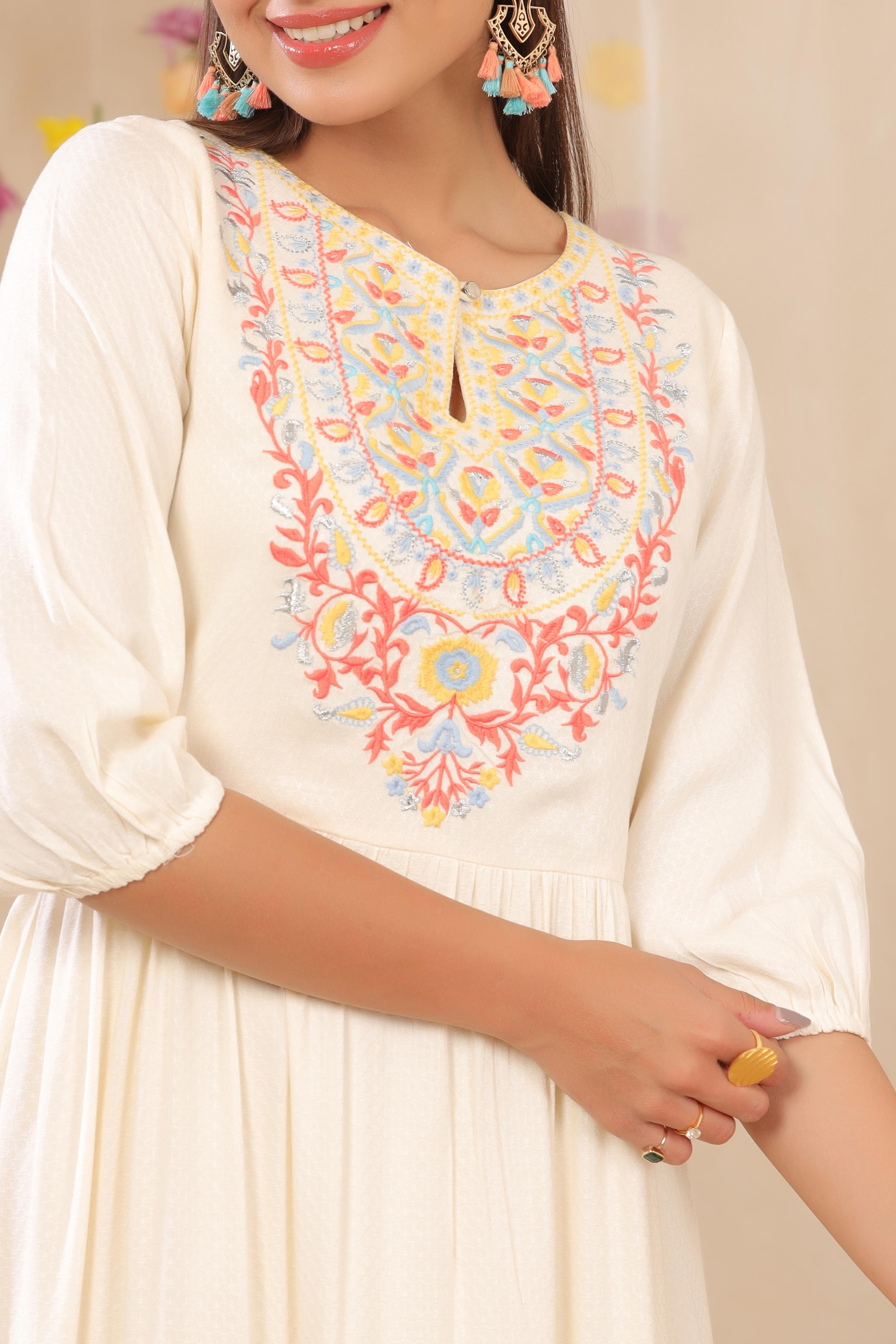 Off-White Embroidered Rayon Dobby Maxi Dress with Lace Work